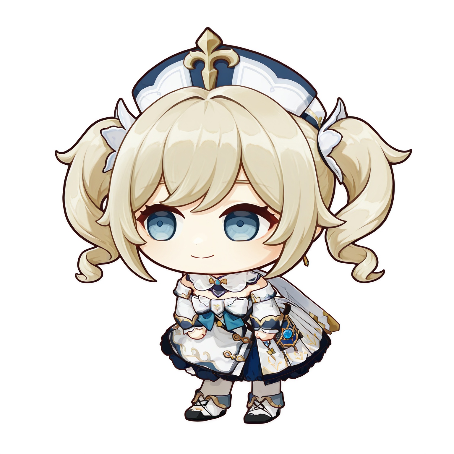 <lora:Brain Rot v0.9_noob:1.2>,solo,smile,1girl,full body,closed mouth,standing,leaning forward,white_background,looking_away,Barbara Gunnhildr \(genshin impact\),chibi,