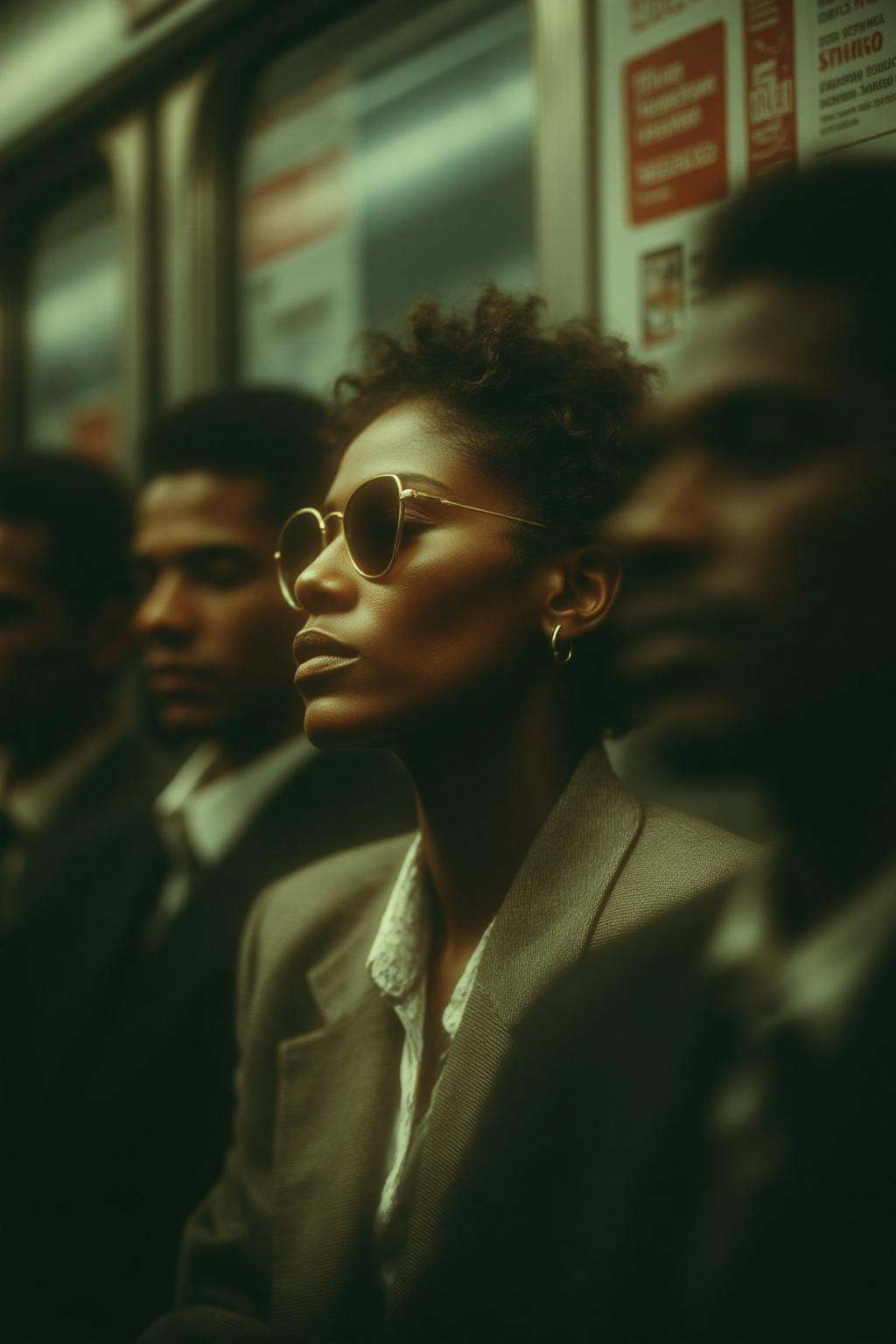 midjourney analog photograph. An African American woman,  shown in 3/4 profile,  in a light-colored suit and a white shirt...