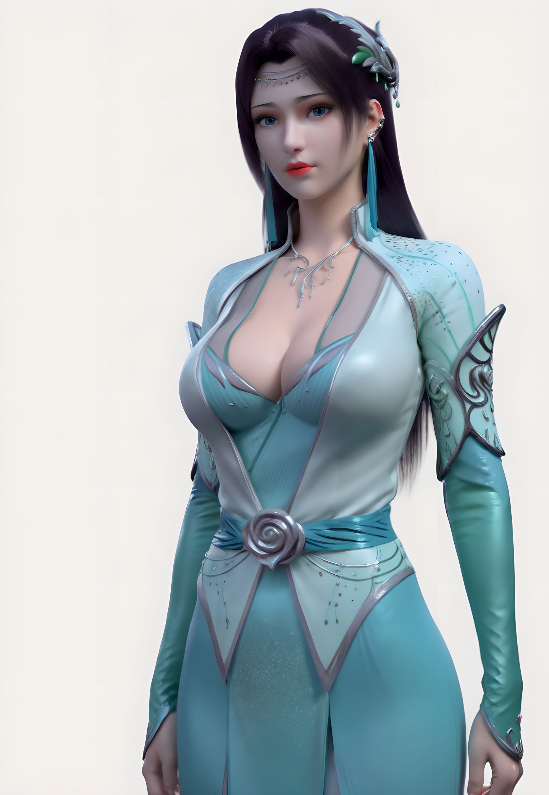 score_9,score_8_up,score_7_up,<lora:SF_YunYunGreenClothes_Pony-000004:0.7>,1girl,solo,standing,dress,breasts,large breasts,red lips,jewelry,hair ornament,earring,looking at viewer,white background,