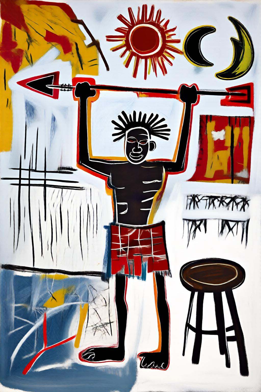 jeanmichelbasquiat2q painting.An African Tribesman holding up a long spear. There is a stool on the right.There is a sun a...