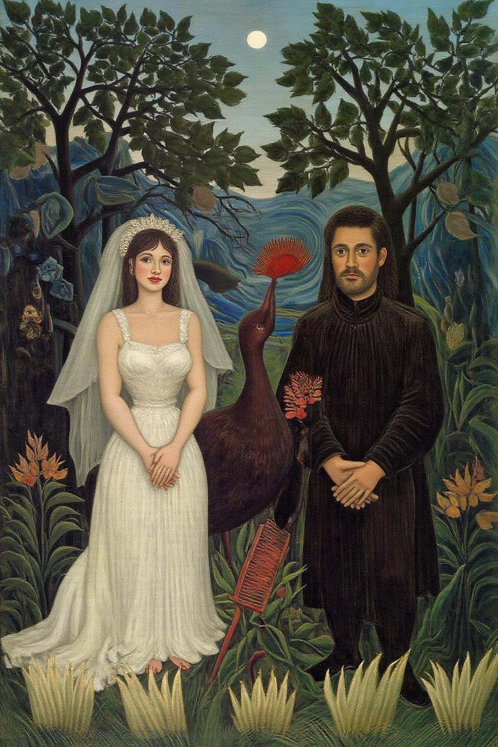 henrou1 paintingmarcha9 The artwork is a vibrant,  dreamlike depiction of a wedding scene. It features two central figures...