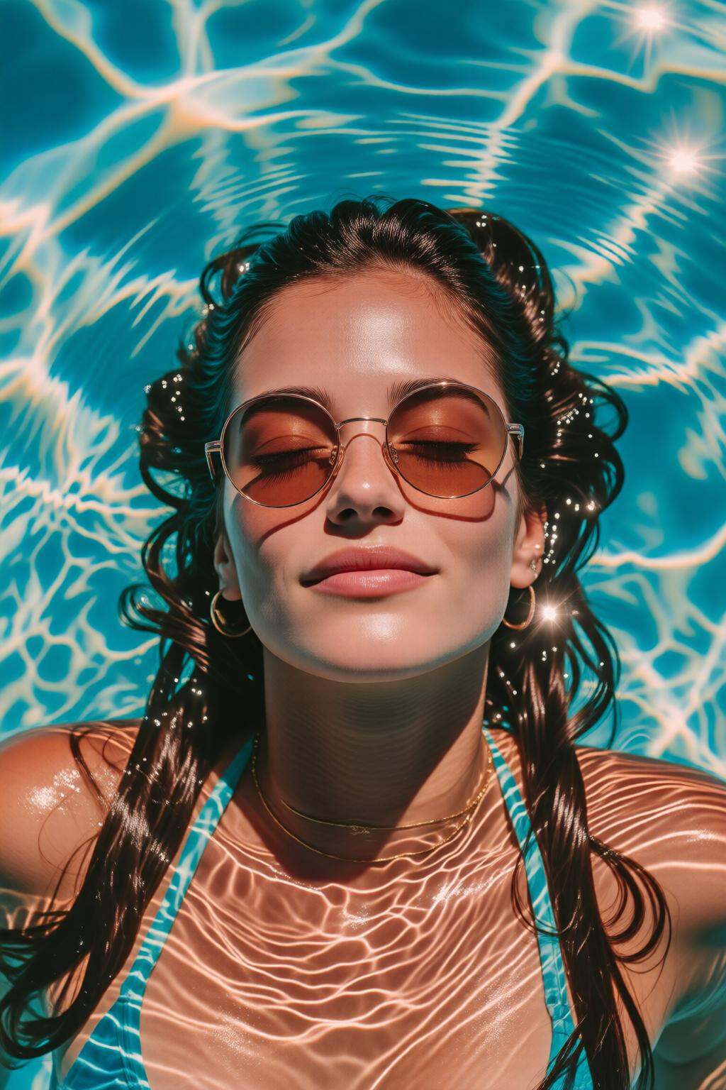 midjourneymix10q photographA woman lying in a pool of clear blue water. She has long,  wavy hair that is spread out around...