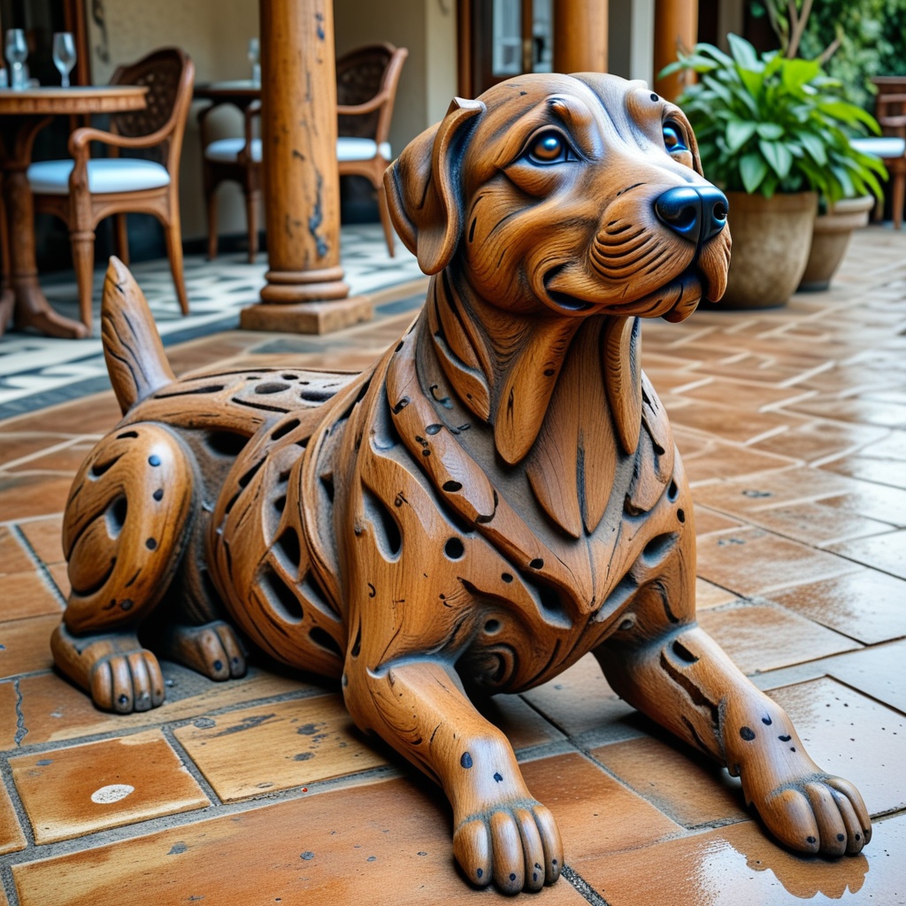 a dog made of wood,  a beautiful playful dog,  antique statue on Tensor.Art