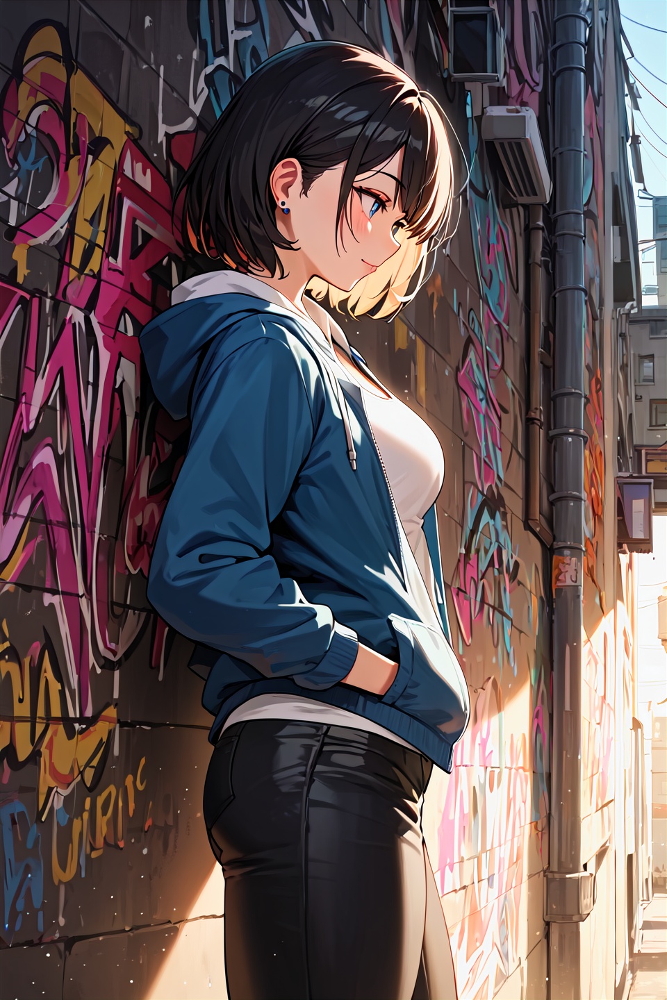 score_9,best quality,1girl,pants,graffiti,from side