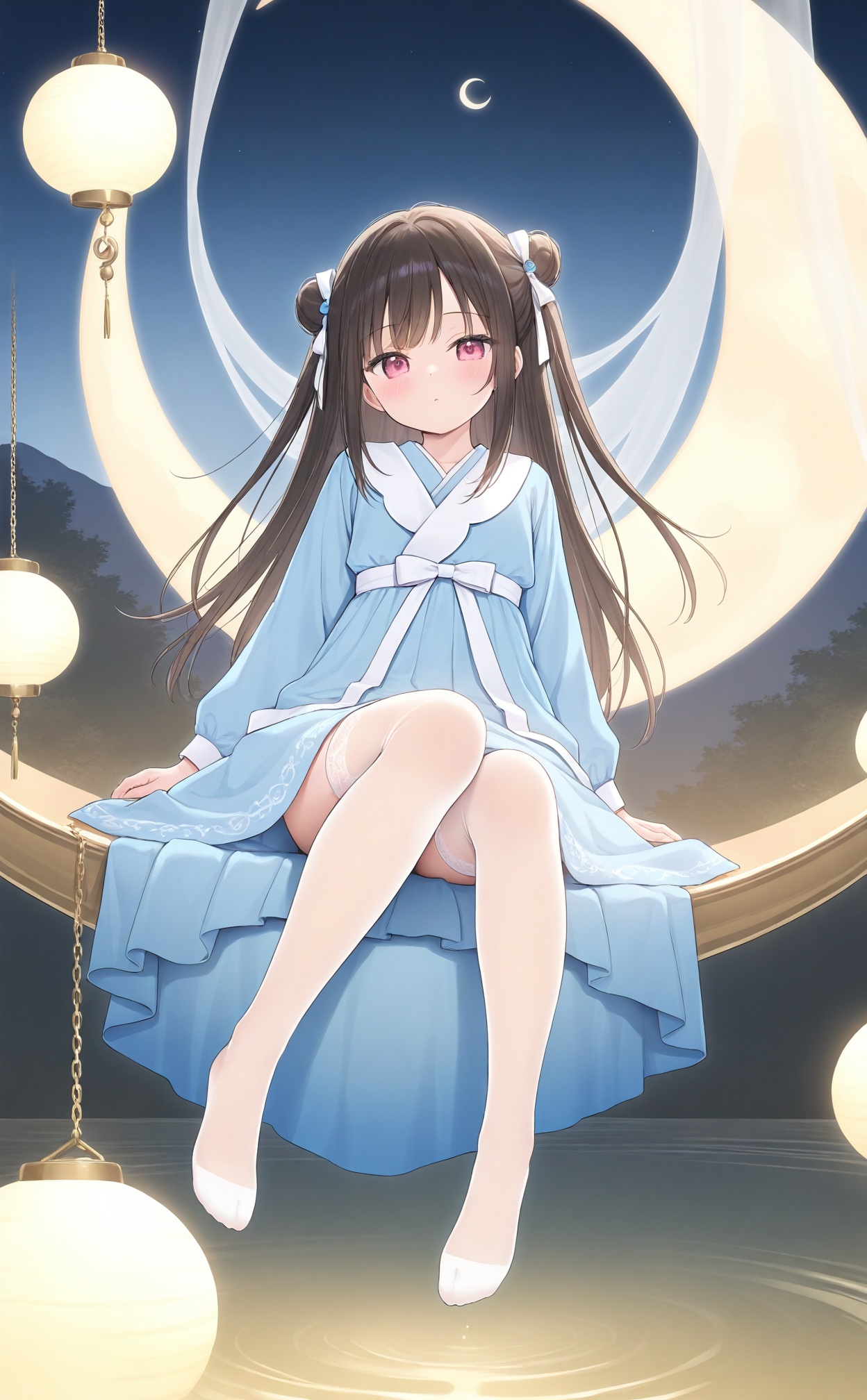 masterpiece,best quality,high quality,loli,A girl in Hanfu sitting on a crescent moon, wearing silk stockings and barefoot, surrounded by dreamy planets, viewed from the feet upwards, creating a mysterious and romantic atmosphere, high-quality image, high-resolution picture.