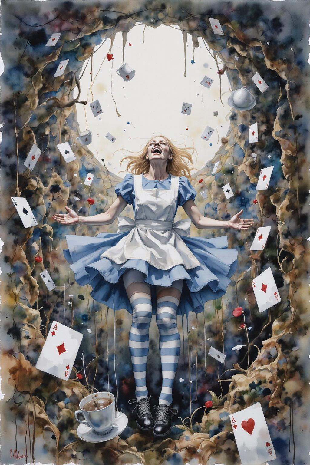 yawc1 watercolor.Overhead view of Alice in Wonderland falling into the rabbit hole,  with her legs dangling beneath her. S...