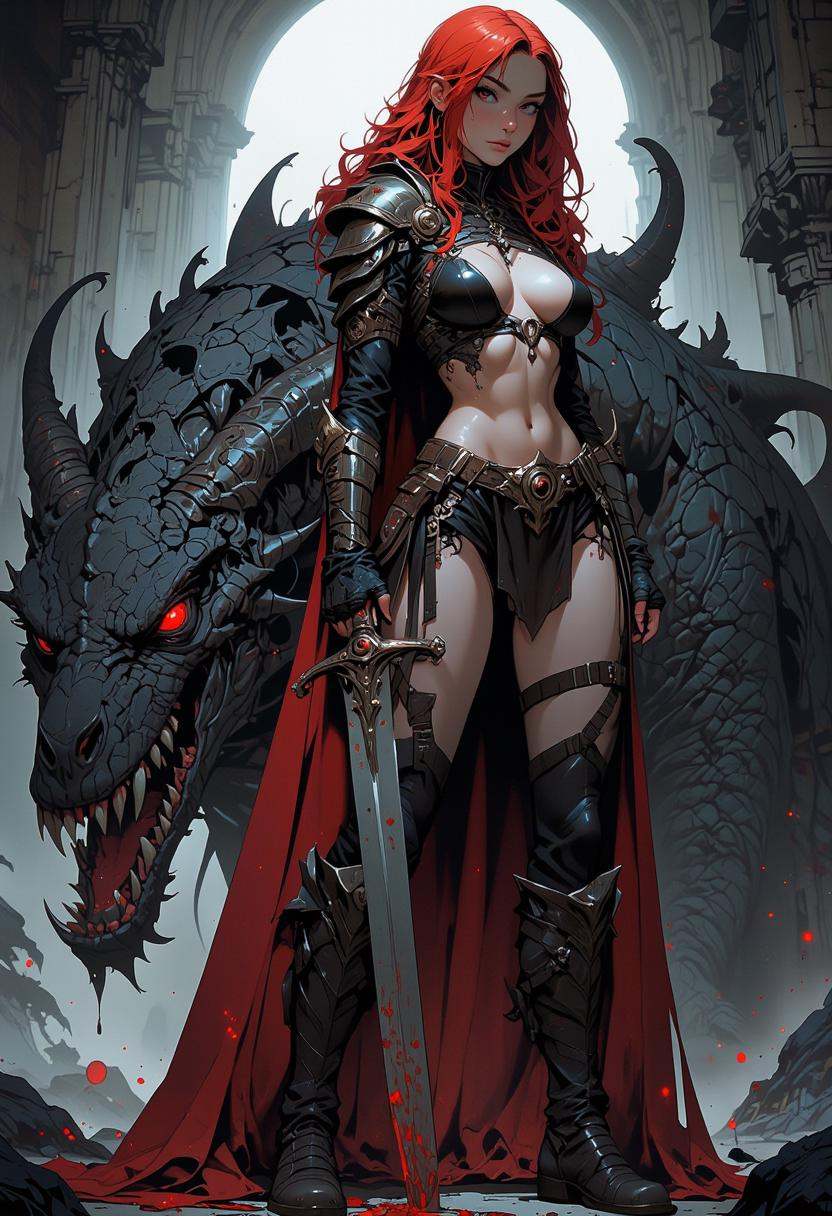 A fierce,  battle-hardened female warrior standing victorious beside the lifeless body of a massive dragon. The warrior,...