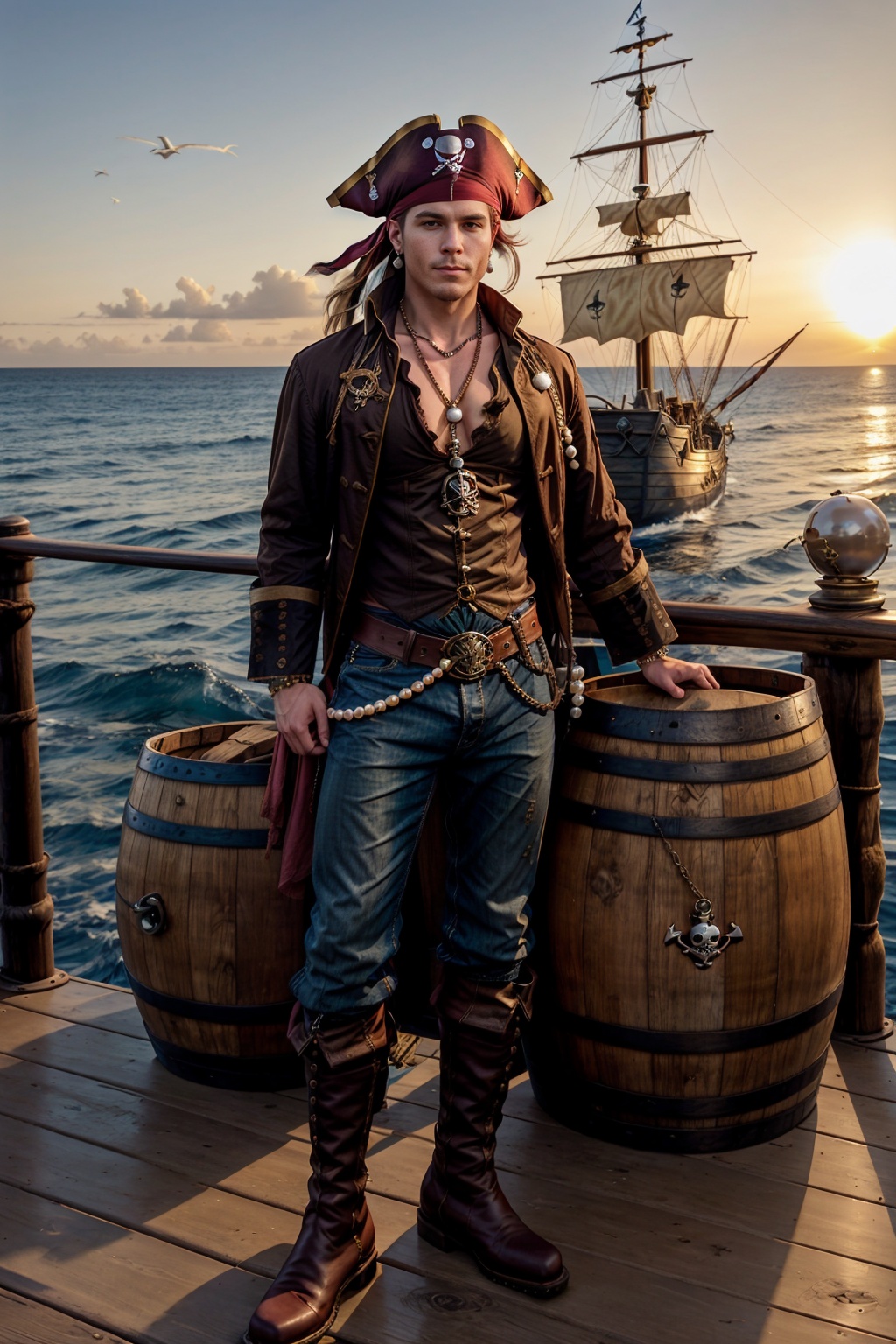 sunset over the ocean,  pirate ship,  golden hour on Tensor.Art