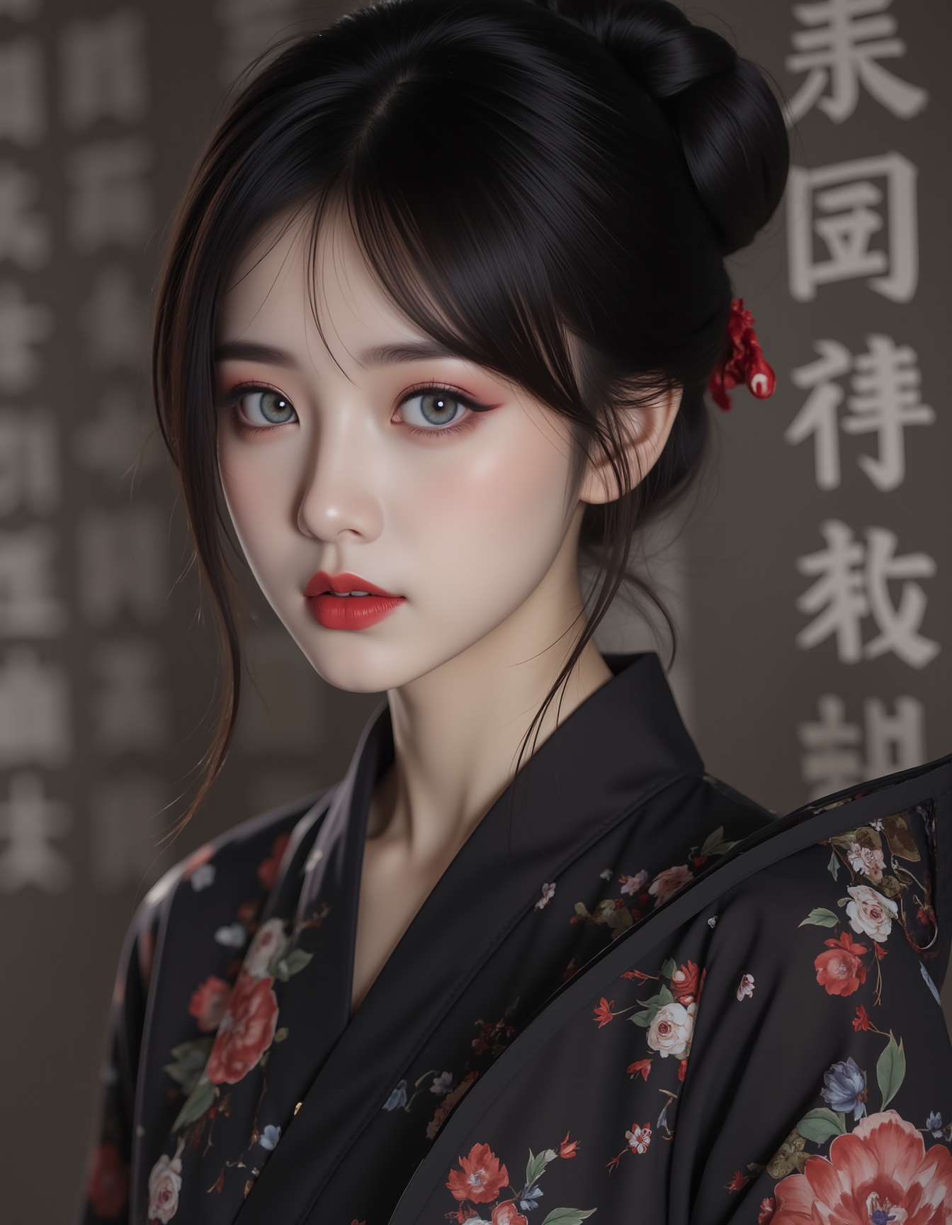 1girl, with a black kimono adorned with flowers. Her hair is pulled back in a bun cascading down her shoulders framing her face. She is adorned with a bold red lip adding a pop of color to her outfit. Her eyes are a piercing blue her eyebrows are a darker shade of brown and her lips are a lighter shade of red. She's holding a black hand fan with a floral pattern on it adding depth to the scene. The background is blurred The background is a wall with Chinese characters written on it creating a stark contrast to the woman's outfit.sexy