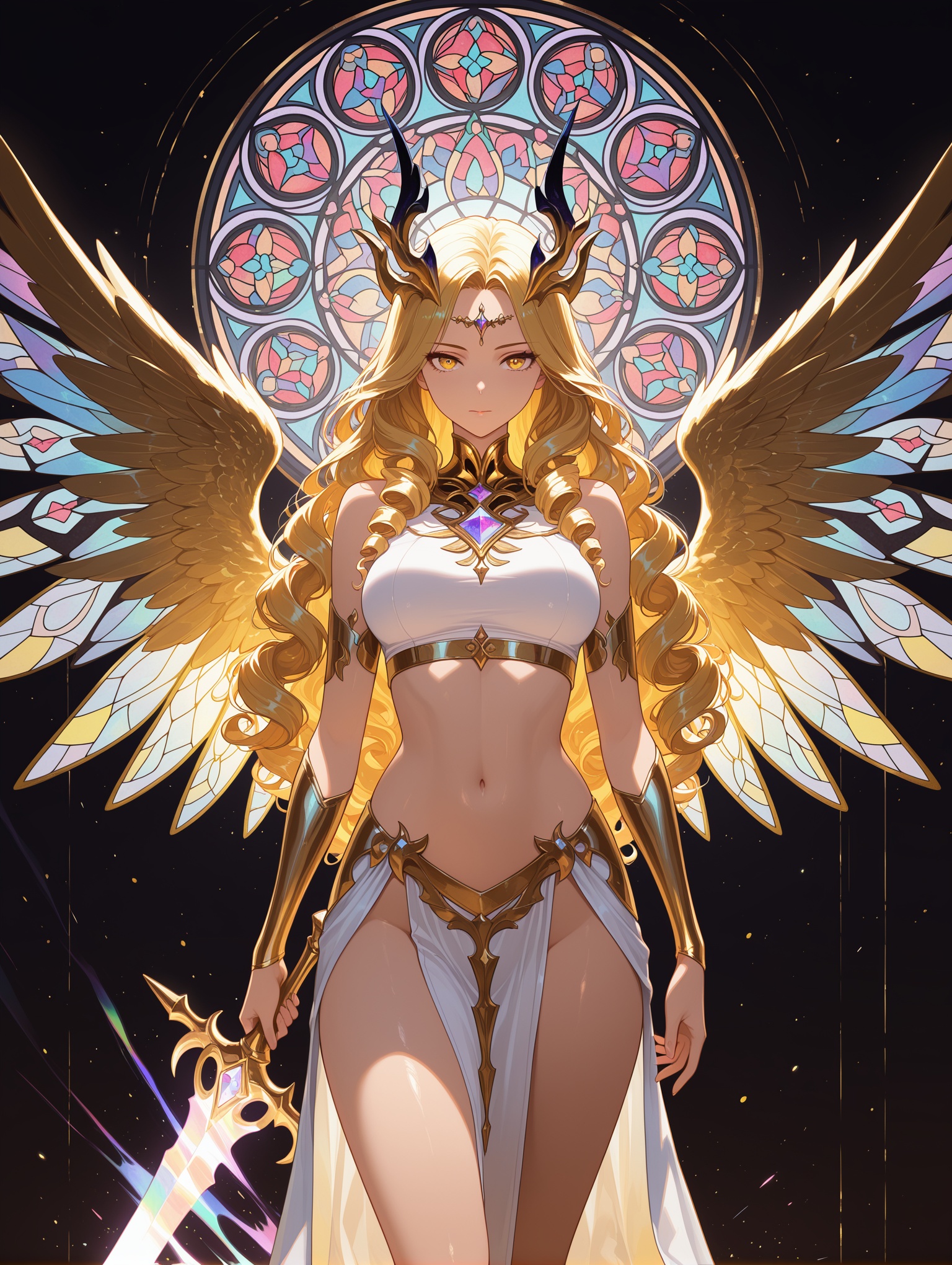 abstract background, colorful, light reflection,a powerful angel spreads her wings exultant against the shimmering void, holding a shining sword, beautiful woman, flawless body, stained glass wings, dark background, 1girl, solo, long golden hair, curly hair,midriff, white crop top, white pelvic curtain, gold trim,masterpiece,best quality,amazing quality,