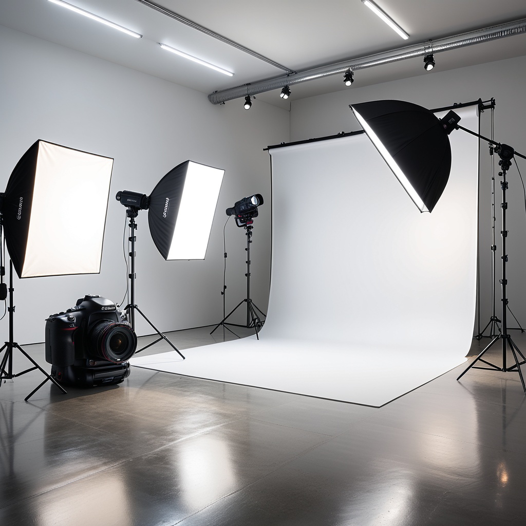 A professional photography studio with a clean,  modern design. The room has smooth white walls and a polished concrete fl...