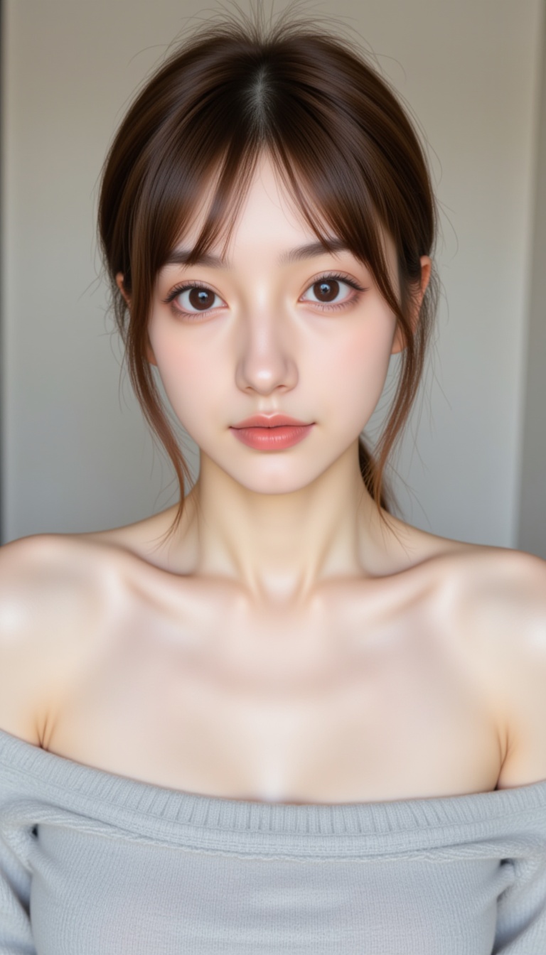 A young woman with fair skin and long,  straight brown hair styled in a loose ponytail with some strands framing her face....