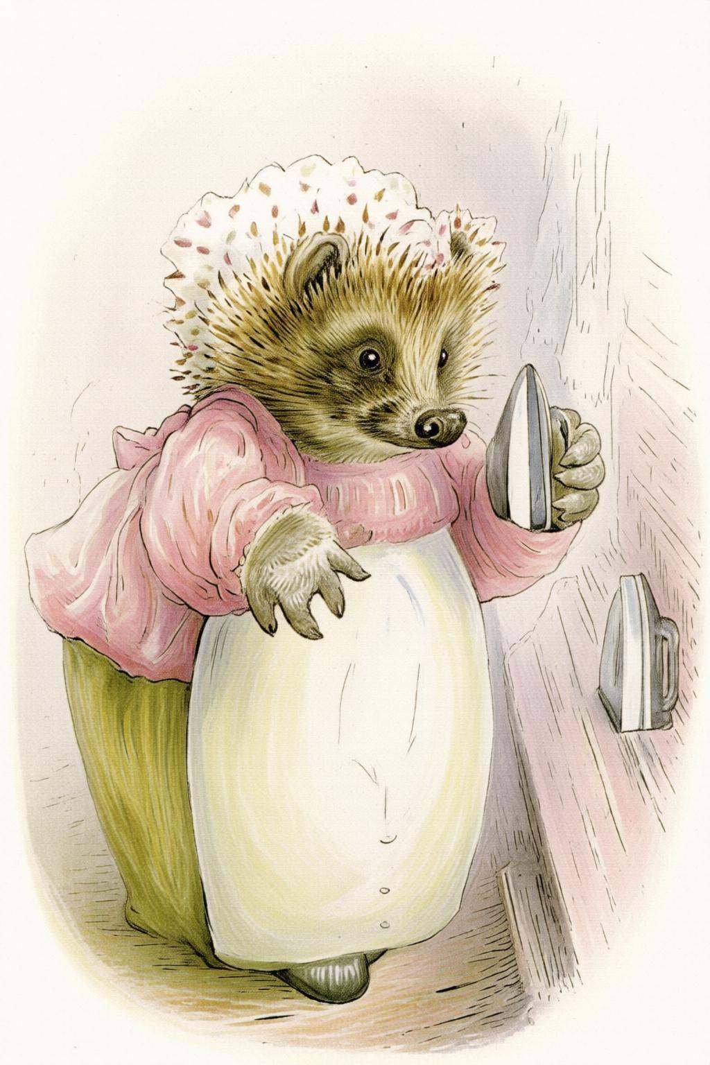 beatrixpotter2q illustration.An anthropomorphic hedgehog in a pink and white bonnet and apron stands indoors,  holding a v...