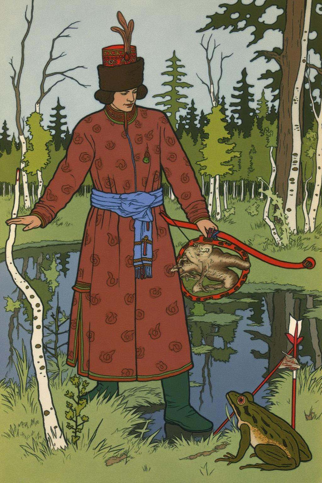 ivanbilibin1 illustration.A richely dress Russian prince stands in a lush,  green forest,  dressed in a long on Tensor.Art