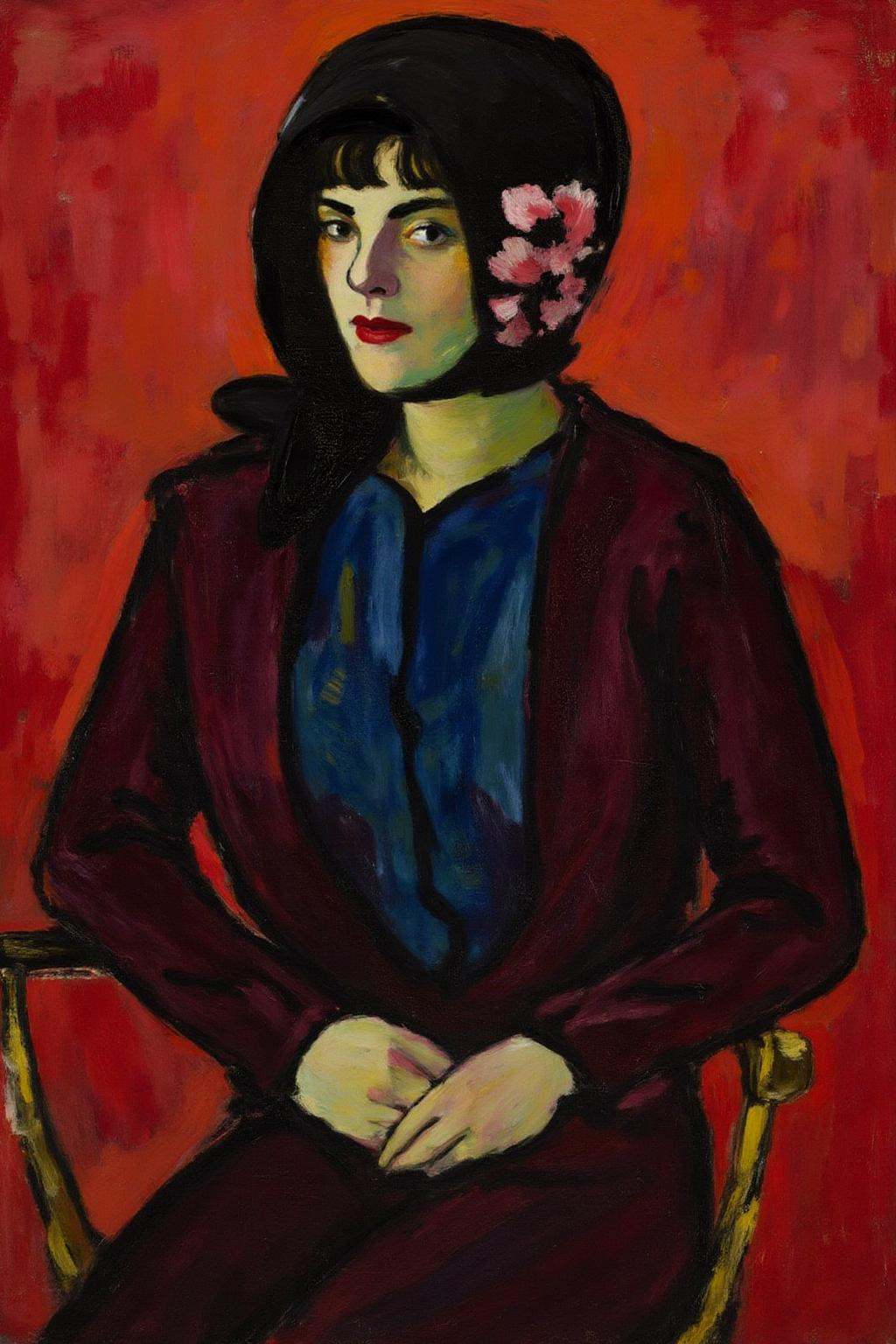 henrylymansayen1 painting.A woman seated,  wearing a dark outfit with a black headscarf adorned with pink flowers. Her han...