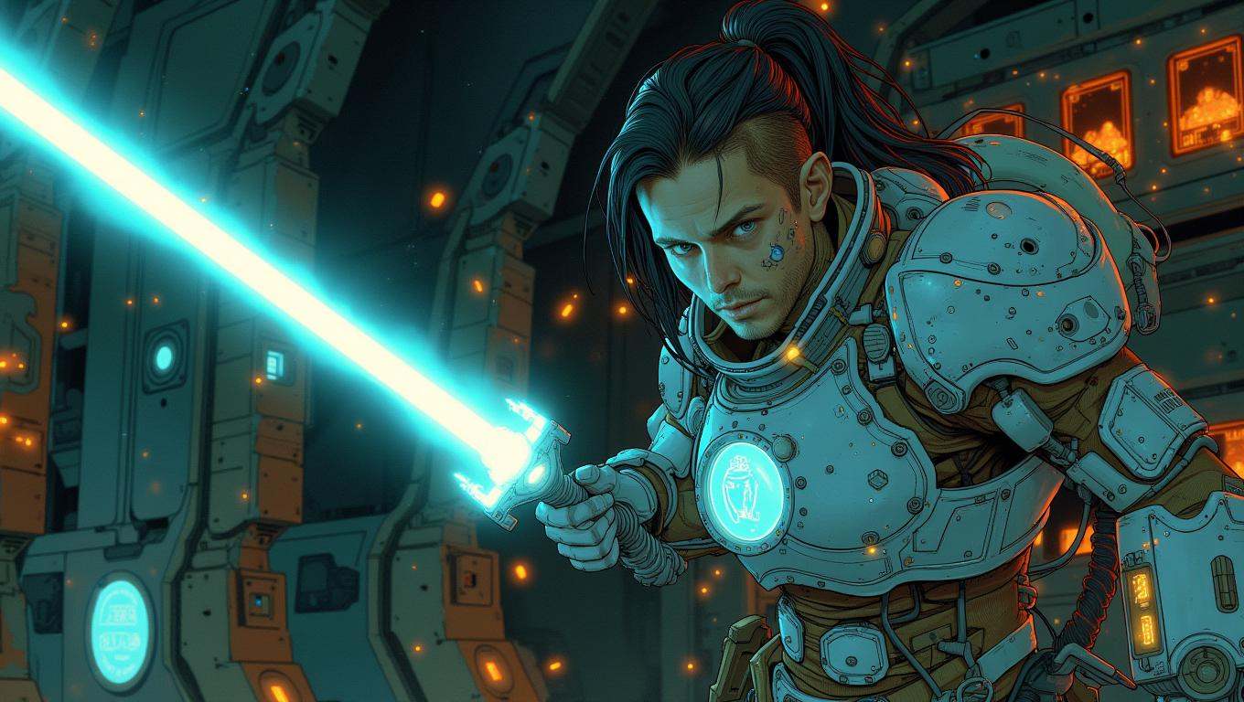 A space mercenary,  clad in battle-worn armor,  wields a glowing laser sword in a standoff against an unseen enemy. The me...