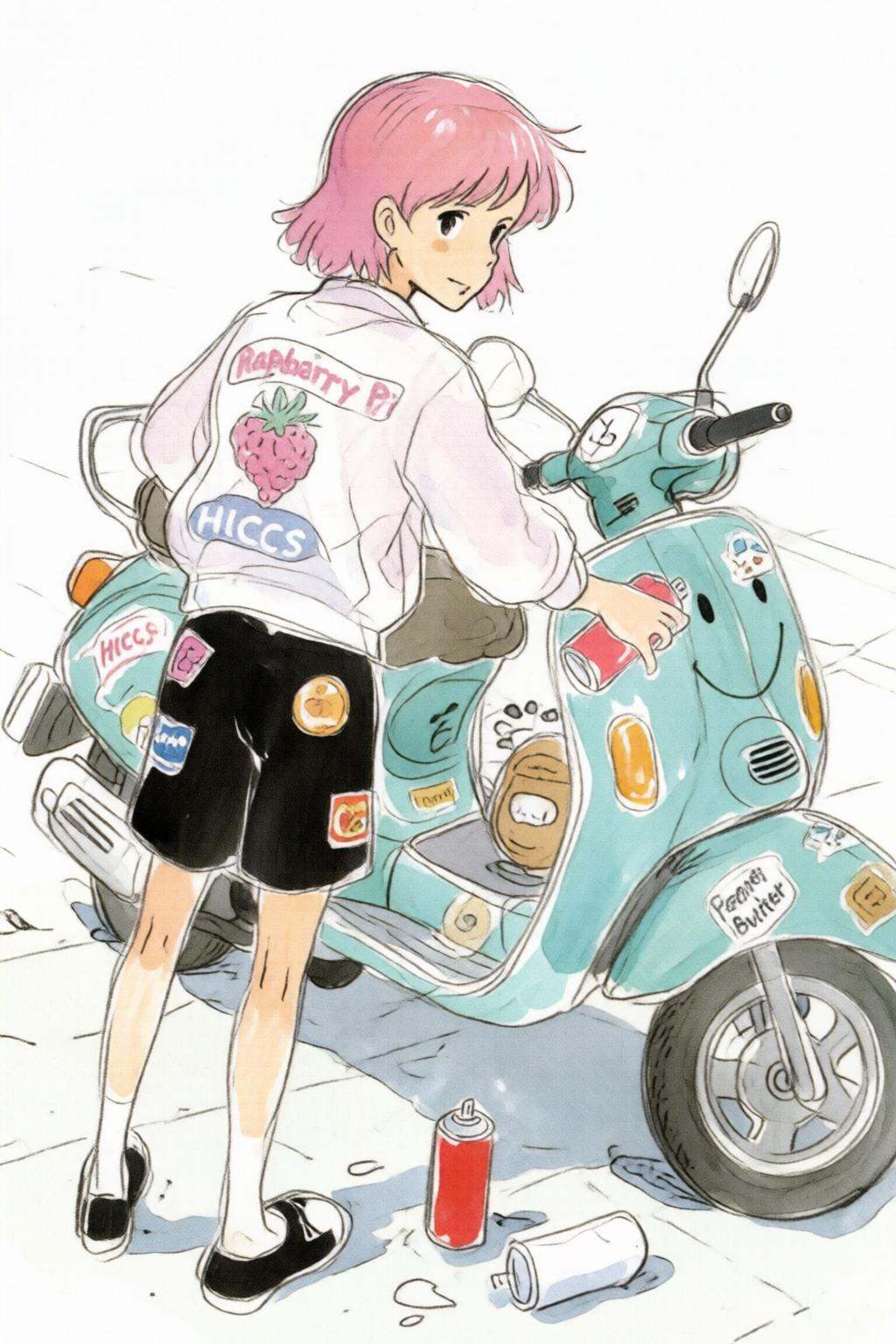 hayaomiyazaki3q illustration.Backview of a young woman with pink hair,  wearing a light-colored jacket with a large graphi...