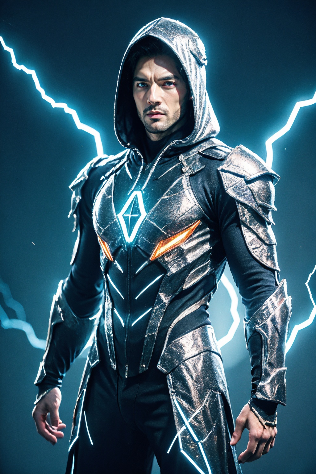 man, male focus, solo, cowboy shot, arms at sides, electricity, gem blue armor and neon trim, hooded cloak,