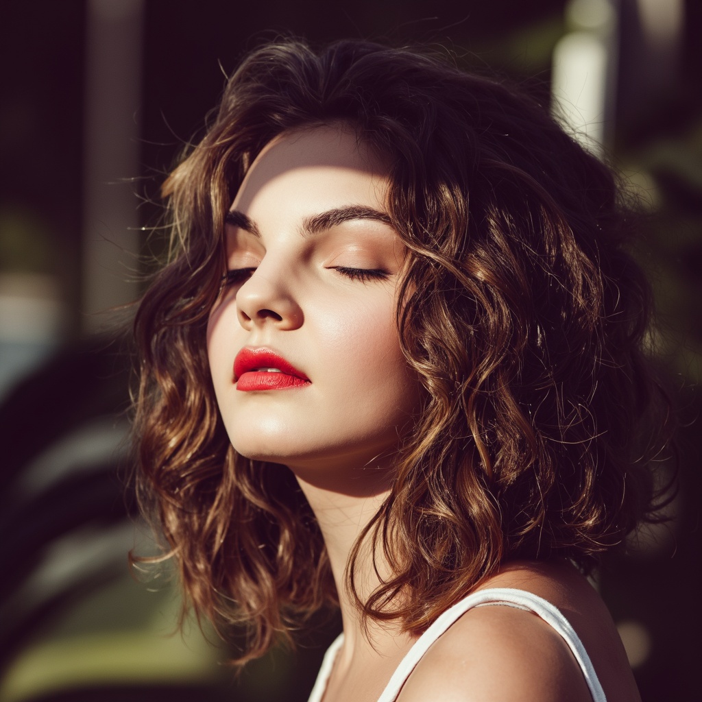 A close-up portrait camren_bicondova with long, wavy brown hair, captured in a side profile. Her eyes are closed, and her lips are painted a vibrant red, contrasting with her pale skin. The background is blurred, emphasizing the subject. Soft lighting casts a warm glow on her face, highlighting her features and the surrounding environment. The image conveys a serene and contemplative mood.