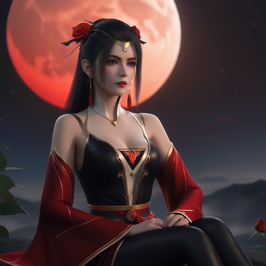 <lora:840-DA-XL-元龙-林秀:0.8>, (,1girl, ,best quality, ),,  ,,ultra realistic 8k cg,, ,masterpiece, (( , )),, ,science fiction,mole, ,    ,red moon, black rose,(sit),     (cleavage),,  (),