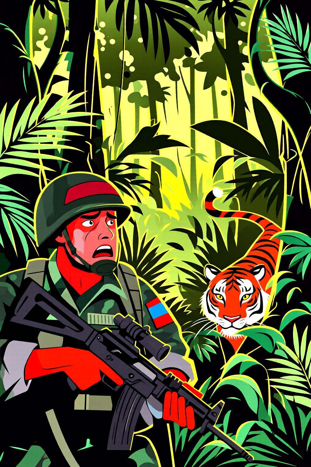 flatcolorvectorart2q illustration.Create a tense jungle scene set in Vietnam,  featuring a dense,  lush environment with t...