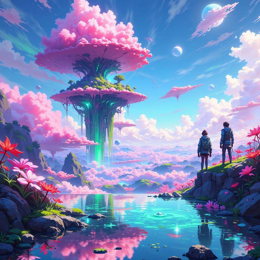 3pic_vist4,  anime_martz,  A digital fantasy scene depicts a serene oasis on an alien planet on Tensor.Art