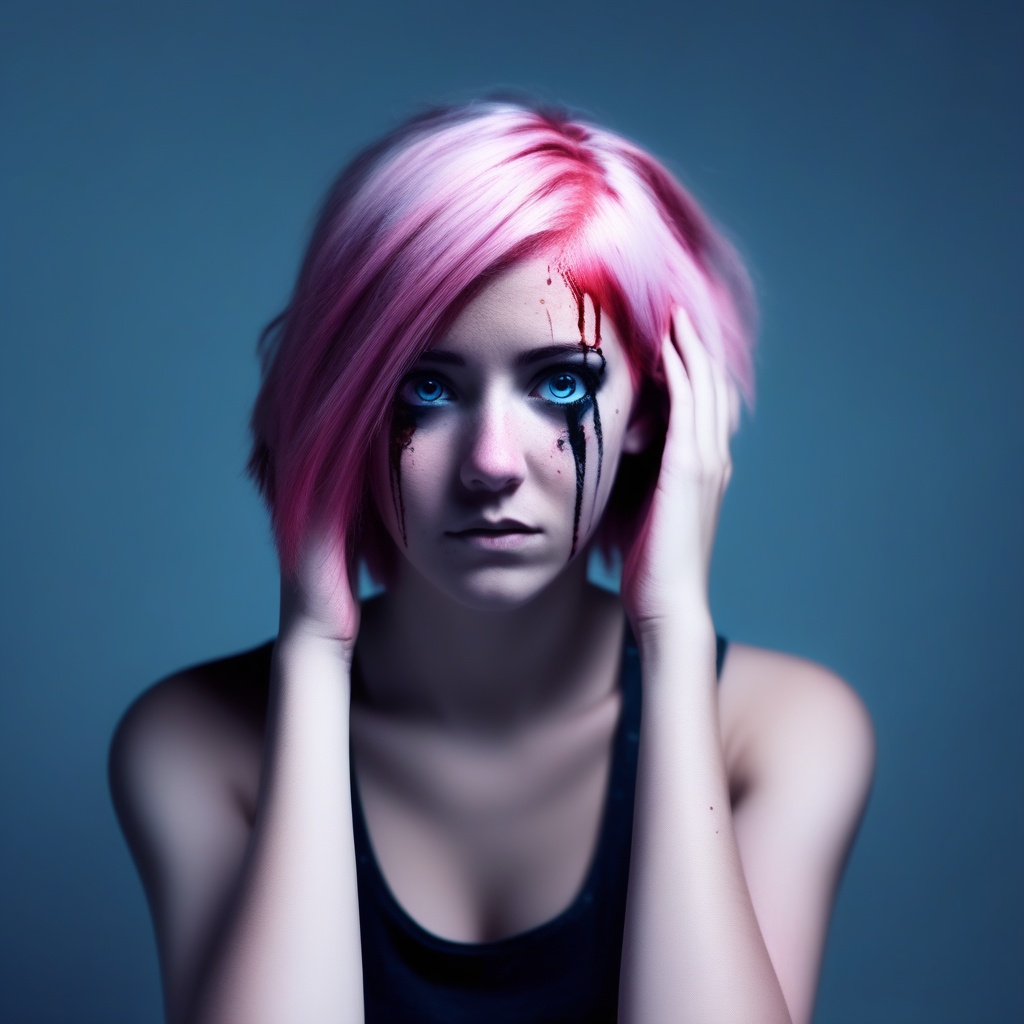 pink hair,  sitting,  hands on own head on Tensor.Art