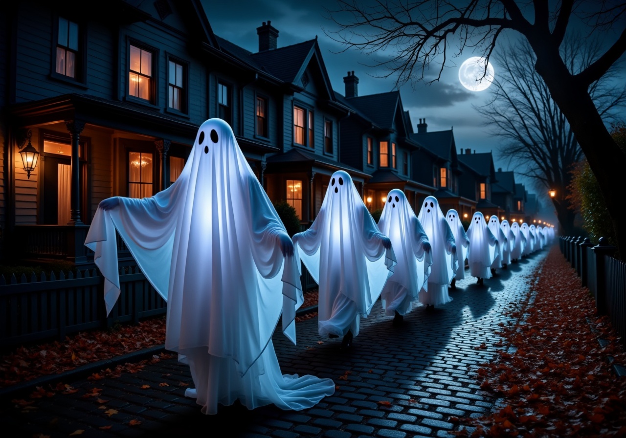 A ghostly procession on a moonlit street: In the dead of night,  a group of ethereal ghosts glides down a cobblestone stre...