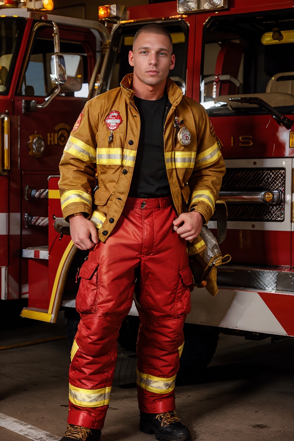 firehouse,  standing beside a fire engine,  BrandonPMyers is a fireman on Tensor.Art