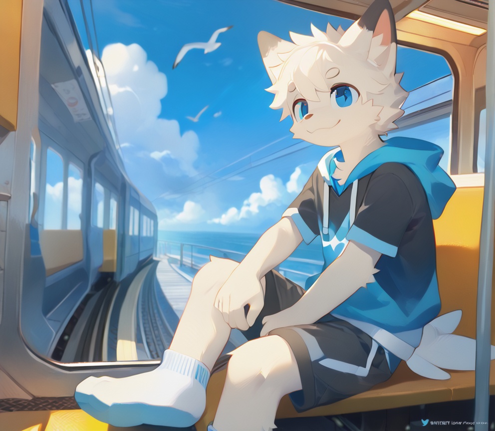 solo, smile, short hair, blue eyes, 1boy, animal ears, sitting, closed mouth, white hair, short sleeves, male focus, outdoors, sky, shorts, day, socks, artist name, cloud, hood, blue sky, hoodie, bird, ocean, ground vehicle, furry, white fur, train interior, seagull,source_furry,anthro