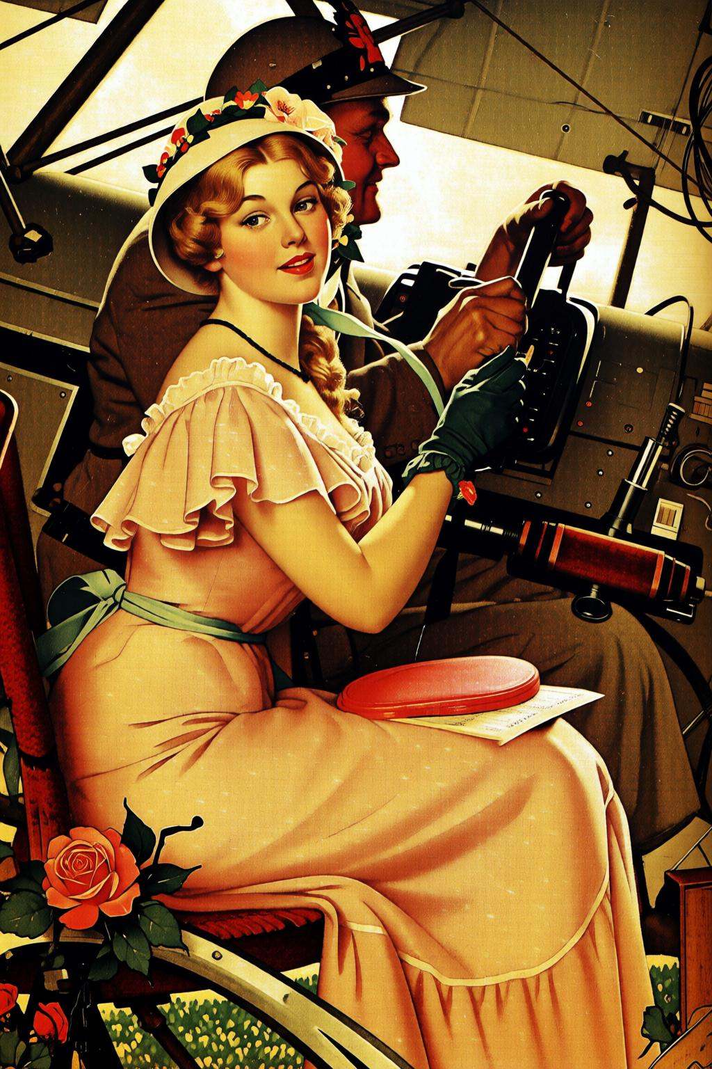 normanrockwell2q illustration. A romantic scene of a couple on a vintage biplane. The woman,  in the foreground,  is a sty...