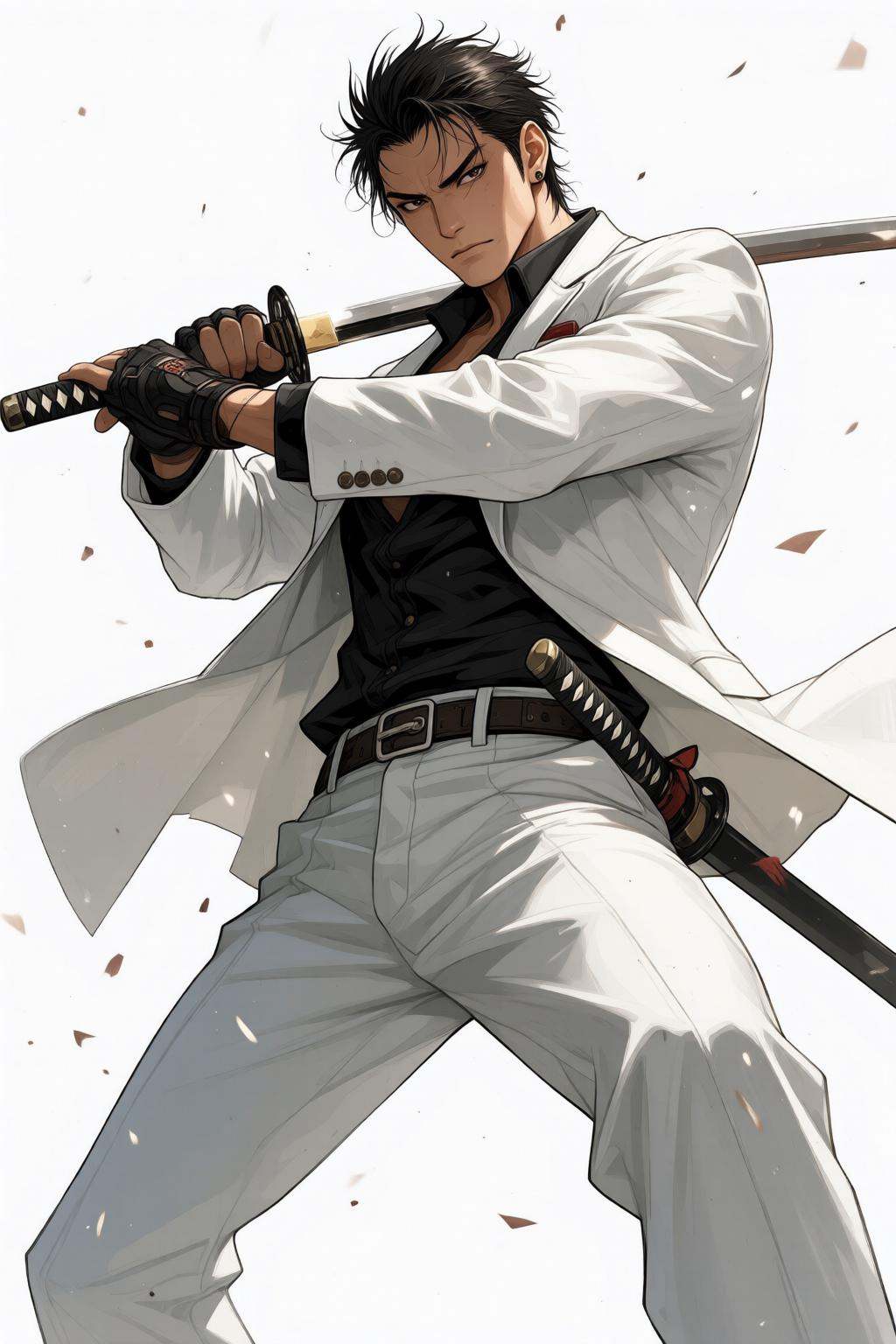 nijimix6q anime style illustration.Low angle shot of a yakuza gangster wearing a white suite,  holding a katana in combat...