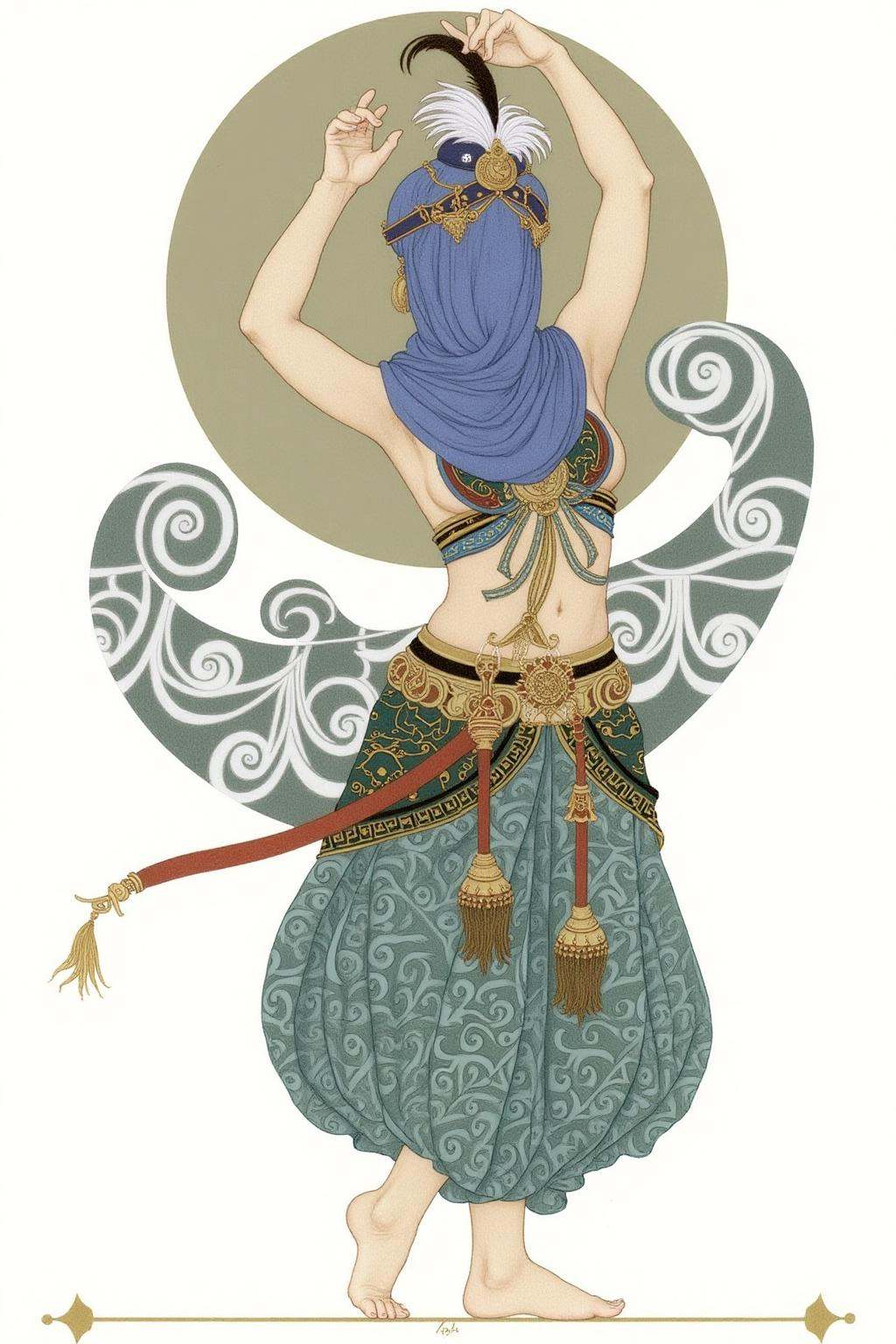 olgadugina1 illustration. A barefoot veiled dancer in intricate traditional Arabian attire stands centrally. The dancer we...