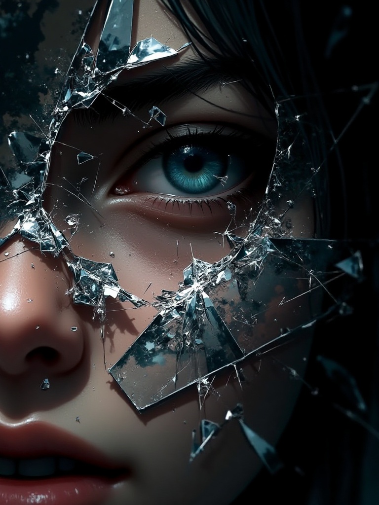 This is a digital artwork featuring a close-up of a woman's intense blue eye,  partially obscured by shattered glass. The...