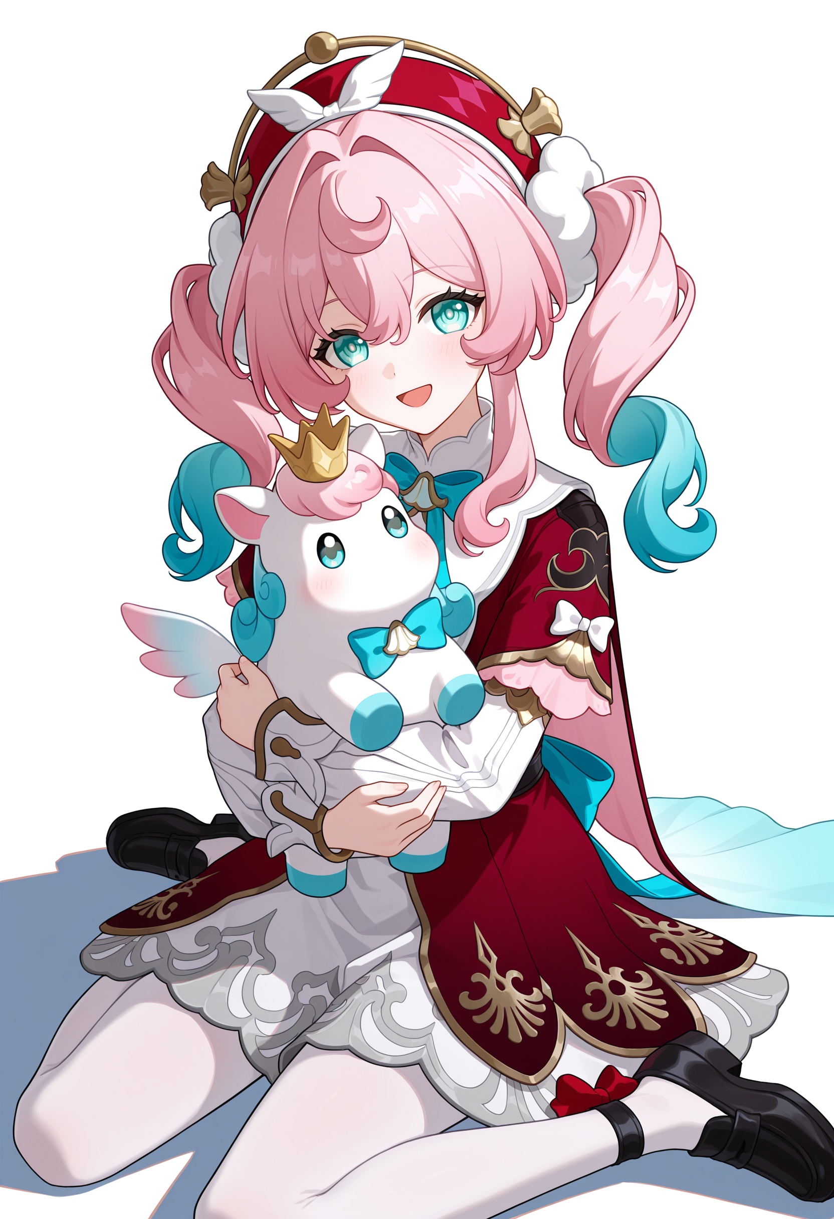 <lora:hal illustrious-1.0-000050:1>,little ica \(honkai: star rail\),hyacine \(honkai: star rail\),pink hair,smile,red dress,twintails,open mouth,looking at viewer,long sleeves,red hat,blue bow,bowtie,long hair,blue bowtie,hair between eyes,blush,:d,solo,ribbon,aqua eyes,hand up,multicolored hair,hair intakes,blue eyes,blue hair,holding,holding little ica \(honkai: star rail\),hug,cowboy_shot,white pantyhose,black footwear,loafers,wariza,full body,wings,
