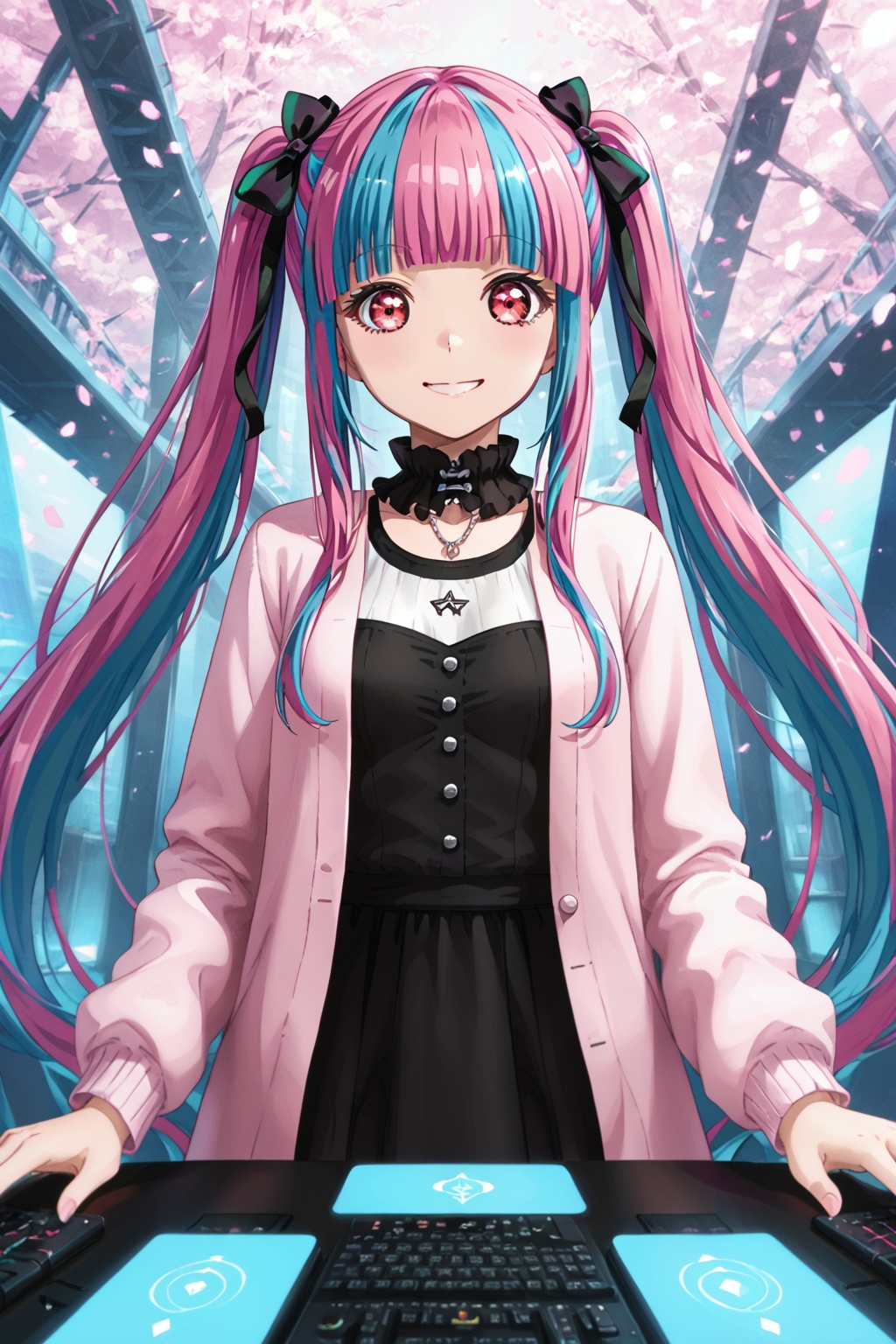 pareo, nyubara reona, 1girl, solo, long hair, smile, twintails, multicolored hair, two-tone hair, bangs, red eyes, blue hair, blunt bangs, very long hair, hair ribbon, pink eyes, streaked hair, pink hair, black hair, white hair<lora:peoro:0.8>