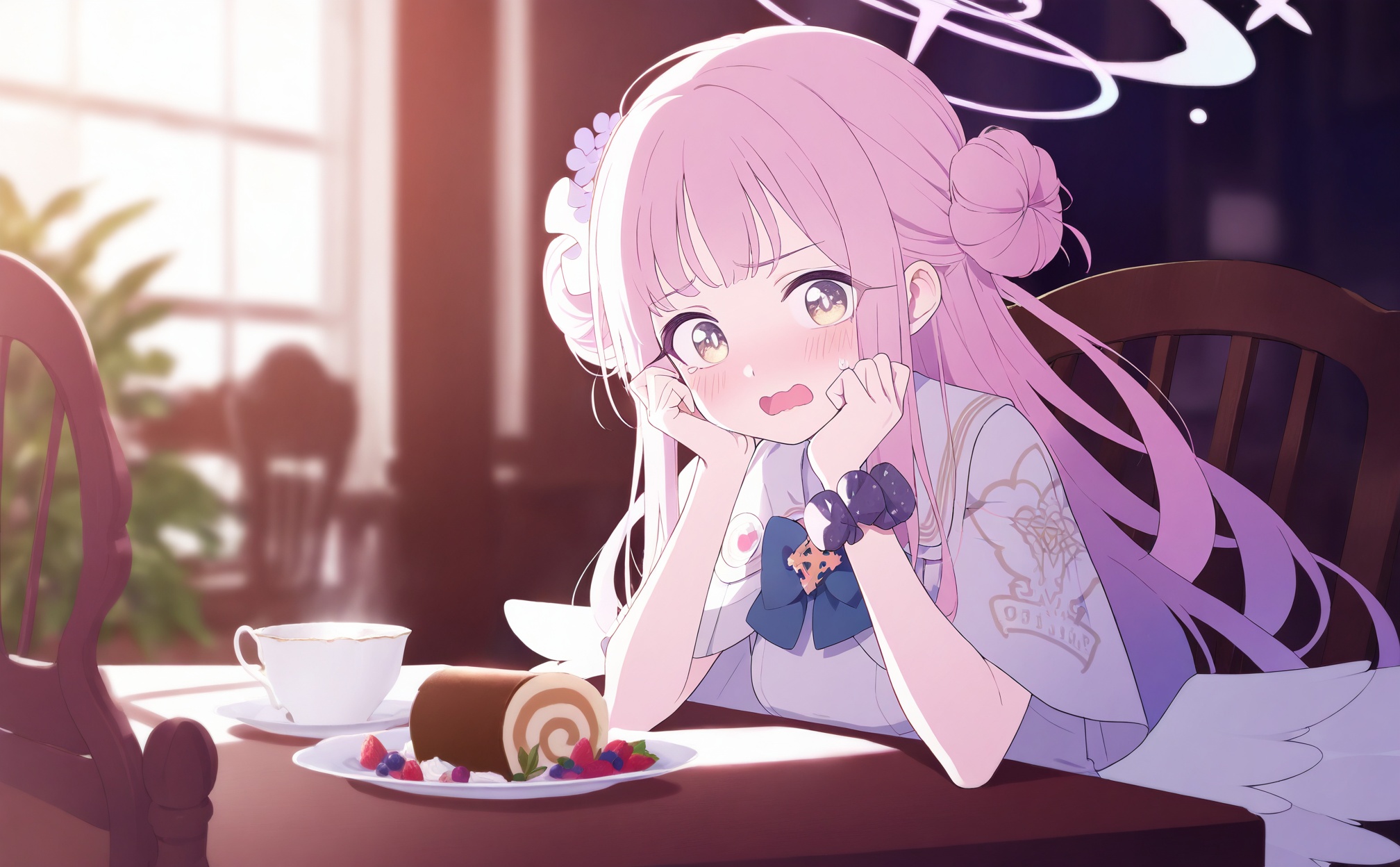 masterpiece,best quality,high quality,loli,1girl,mika \(blue archive\),halo,pink hair,solo,swiss roll,wings,hair bun,teacup,cup,food,yellow eyes,long hair,single side bun,white capelet,white wings,white dress,table,looking at viewer,capelet,dress,hair ornament,angel wings,flower,indoors,open mouth,hair flower,cake,feathered wings,chair,blurry,tea,bow,blue bow,blush,pink halo,scrunchie,wavy mouth,sidelocks,sitting,saucer,sweatdrop,plate,<lora:BA2——【Illustrious】hans:1>,