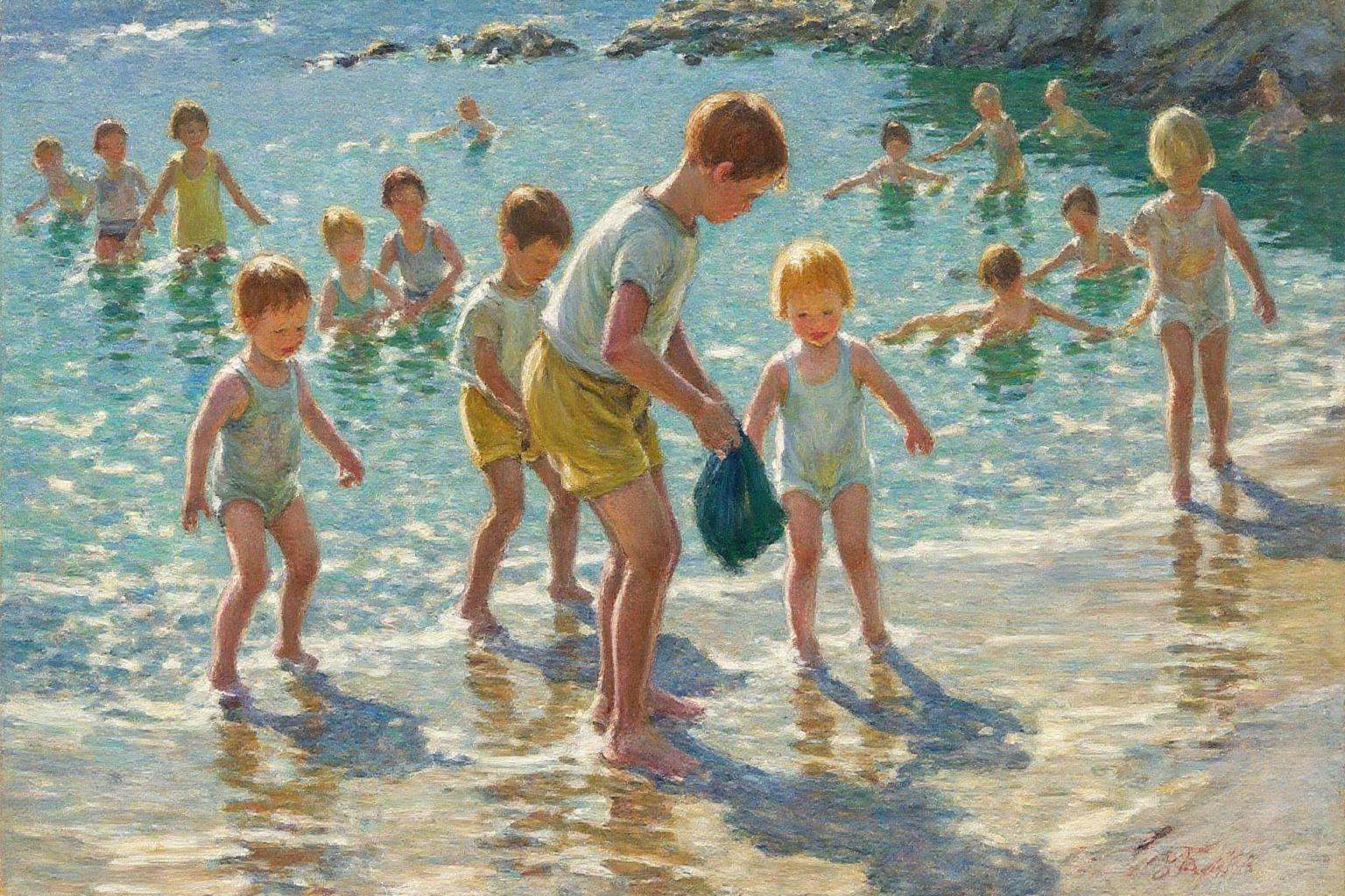 dorotheasharp1 painting.Several children play in the water in a seaside scene. The children wear summer attire,  with some...