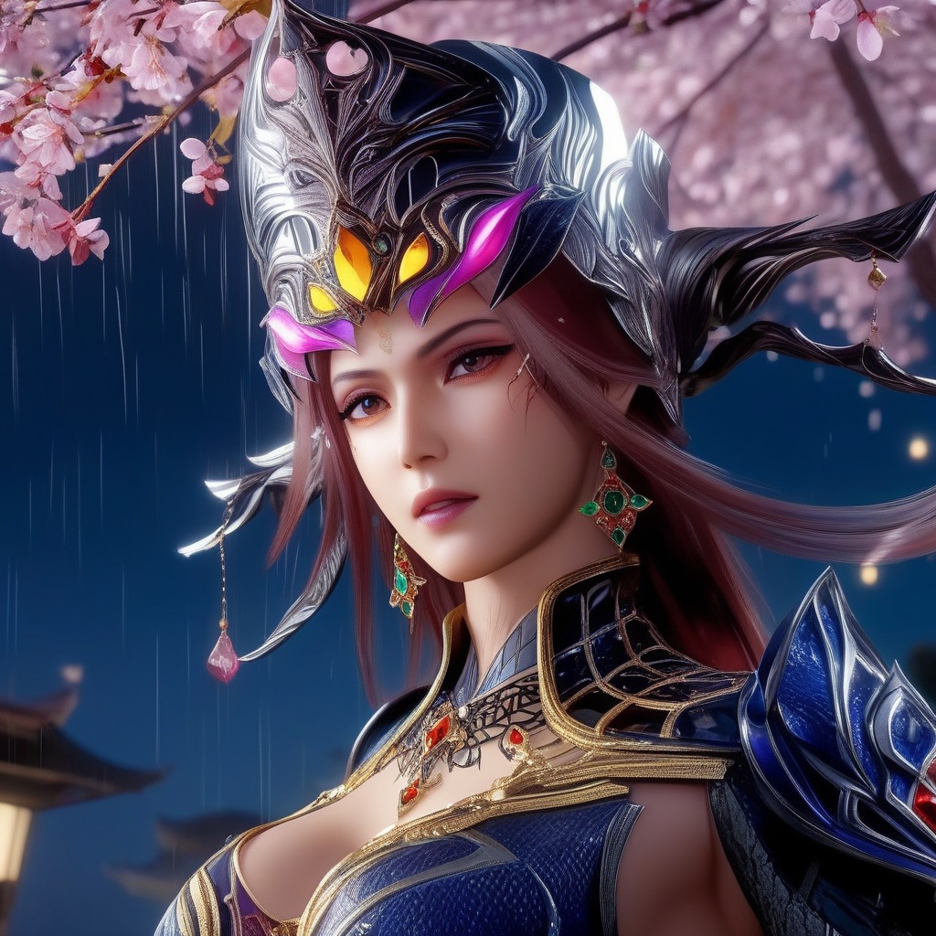 <lora:833-DA-XL-斗罗大陆-比比东-罗刹神:0.8>, (,1girl, ,best quality, ),, ,ultra detailed 8k cg,            cinematic lighting, cinematic bloom, (( , )),,  , unreal, science fiction,  luxury, jewelry, diamond, pearl, gem, sapphire, ruby, emerald, intricate detail, delicate pattern, charming, alluring, seductive, erotic, enchanting, hair ornament, necklace, earrings, bracelet, armlet,halo,masterpiece, (( , )),,  ,cherry blossoms,(((, night,night sky,lamppost,  ultra high res, (photorealistic:1.4), raw photo, 1girl, , rain, sweat, ,wet, )))(( , ))   (cleavage),,  (sit), ,