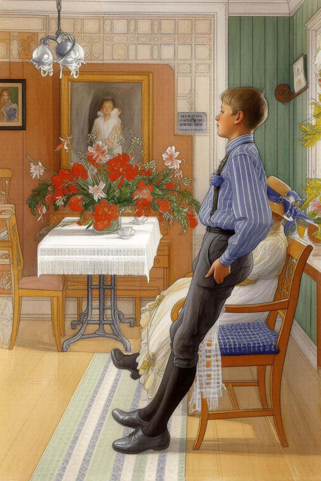 carllarsson2q painting.A boy and a woman in a cozy,  well-lit room. The woman,  seated on a chair with a white on Tensor.Art