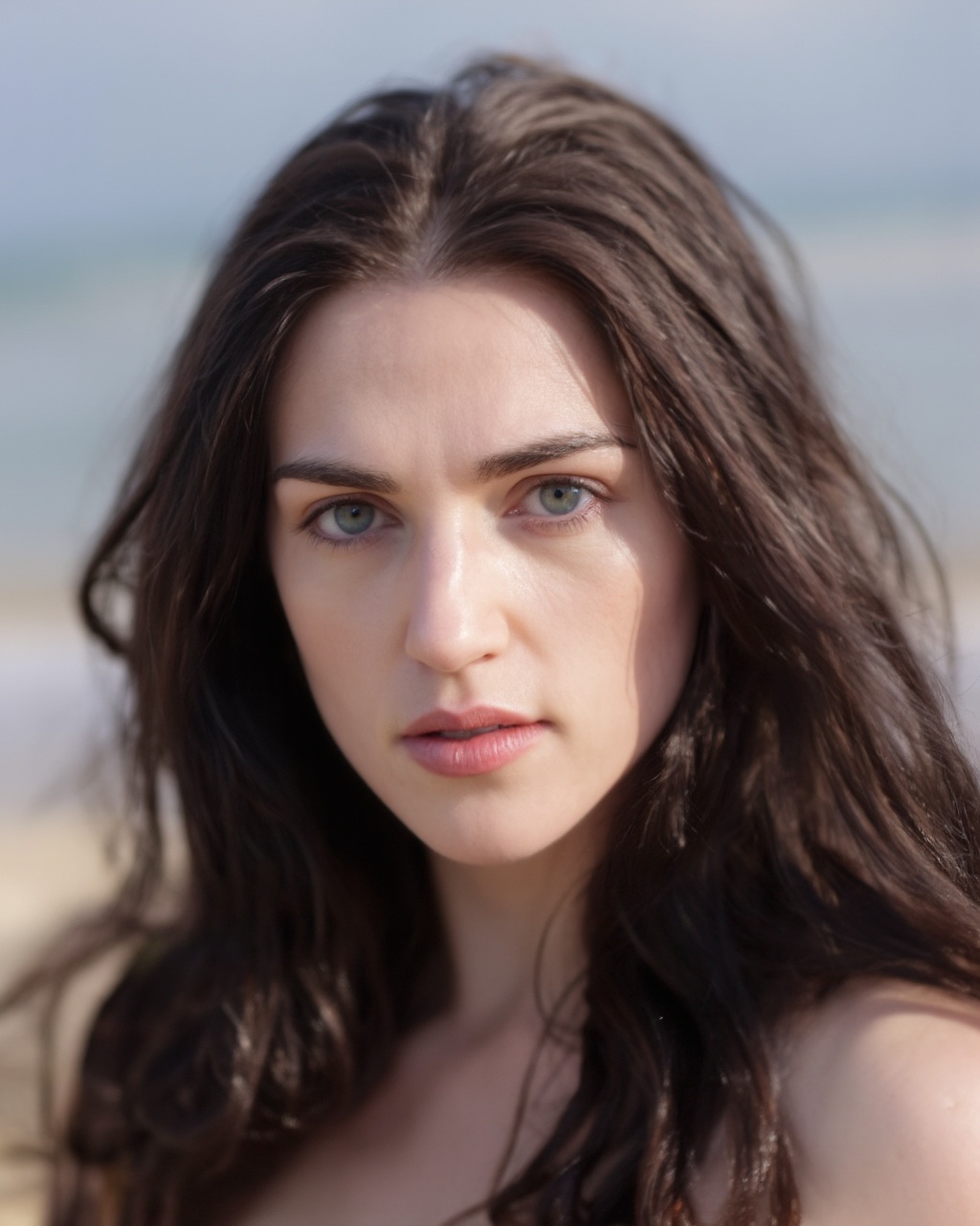 A close-up portrait of katie_mcgrath outdoors. She has long,  wavy brown hair and striking blue eyes. Her expression is co...