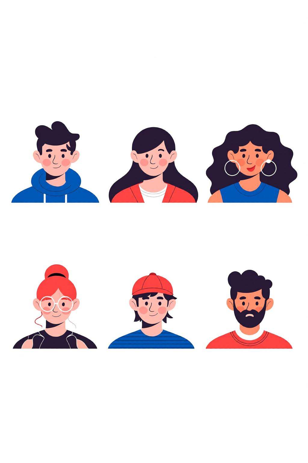 flatcolorvectorart2q illustration.Six characters arranged in two rows. The top row consists of three people: a young man i...
