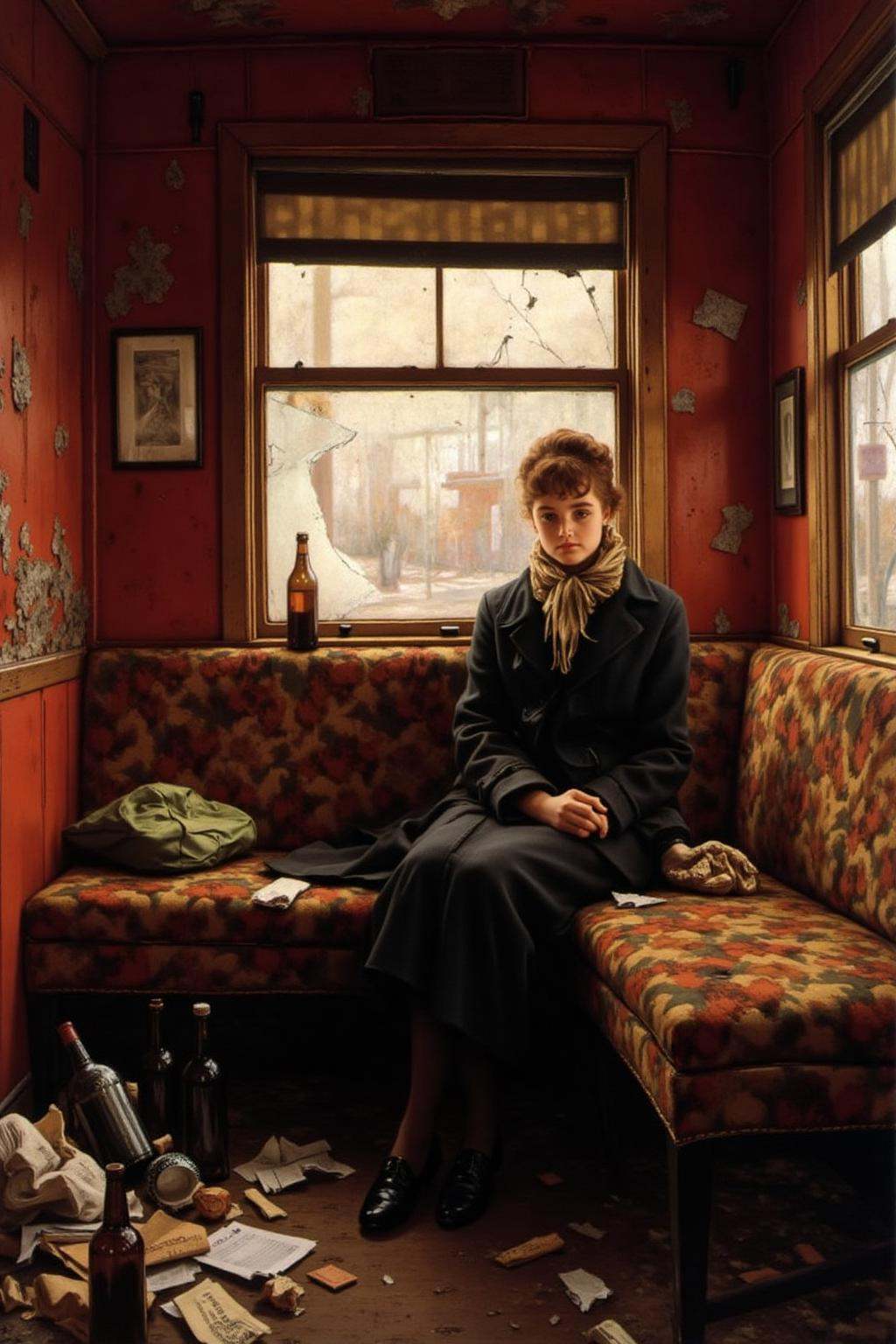 jati1 paintinglautrec1 painting of a girl sitting in a dilapidated Victorian era train car. The train's red interior is fa...