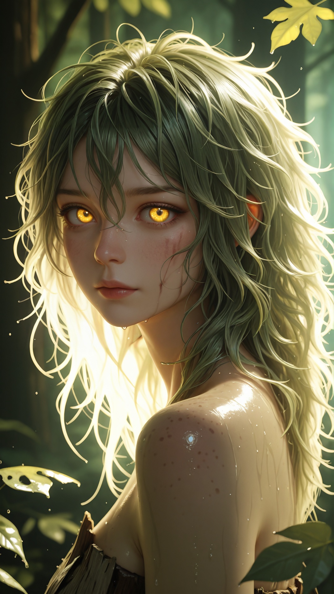 semi-realistic female forest guardian,  soft glowing light,  long messy hair on Tensor.Art