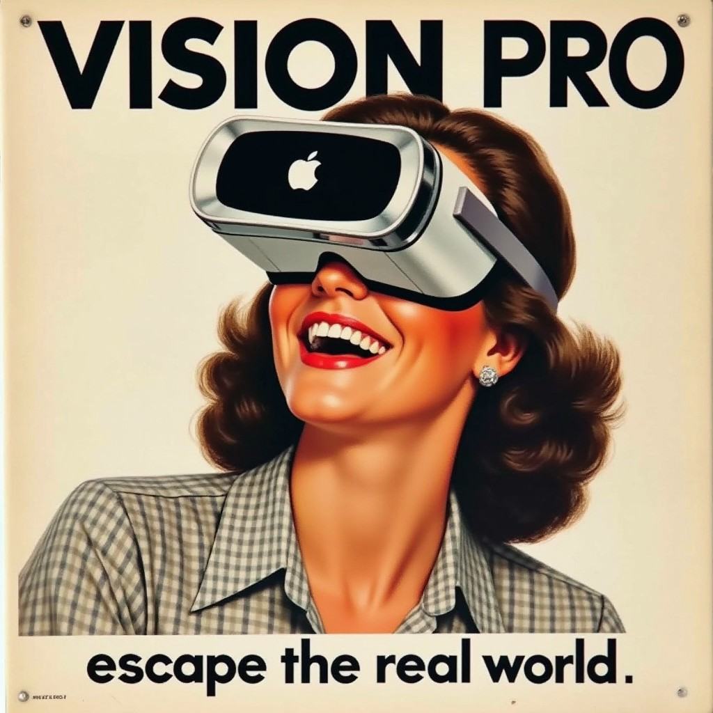 a vintage ad with a woman wearing a VR headset with an apple logo and laughing,  vtgads; it reads "Vision Pro" on the top...