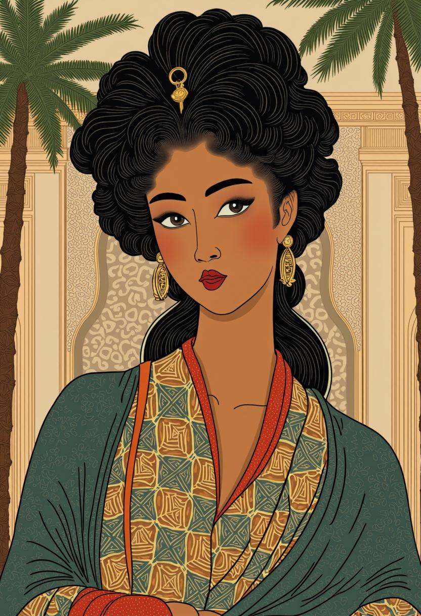a portrait of a Moroccan woman in Shunga art style,  merging traditional Moroccan and Japanese elements. She has captivati...