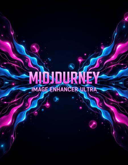 Text letters and words that says "Midjourney image enhancer ultra" in bold futuristic font at the center,  surrounded by v...