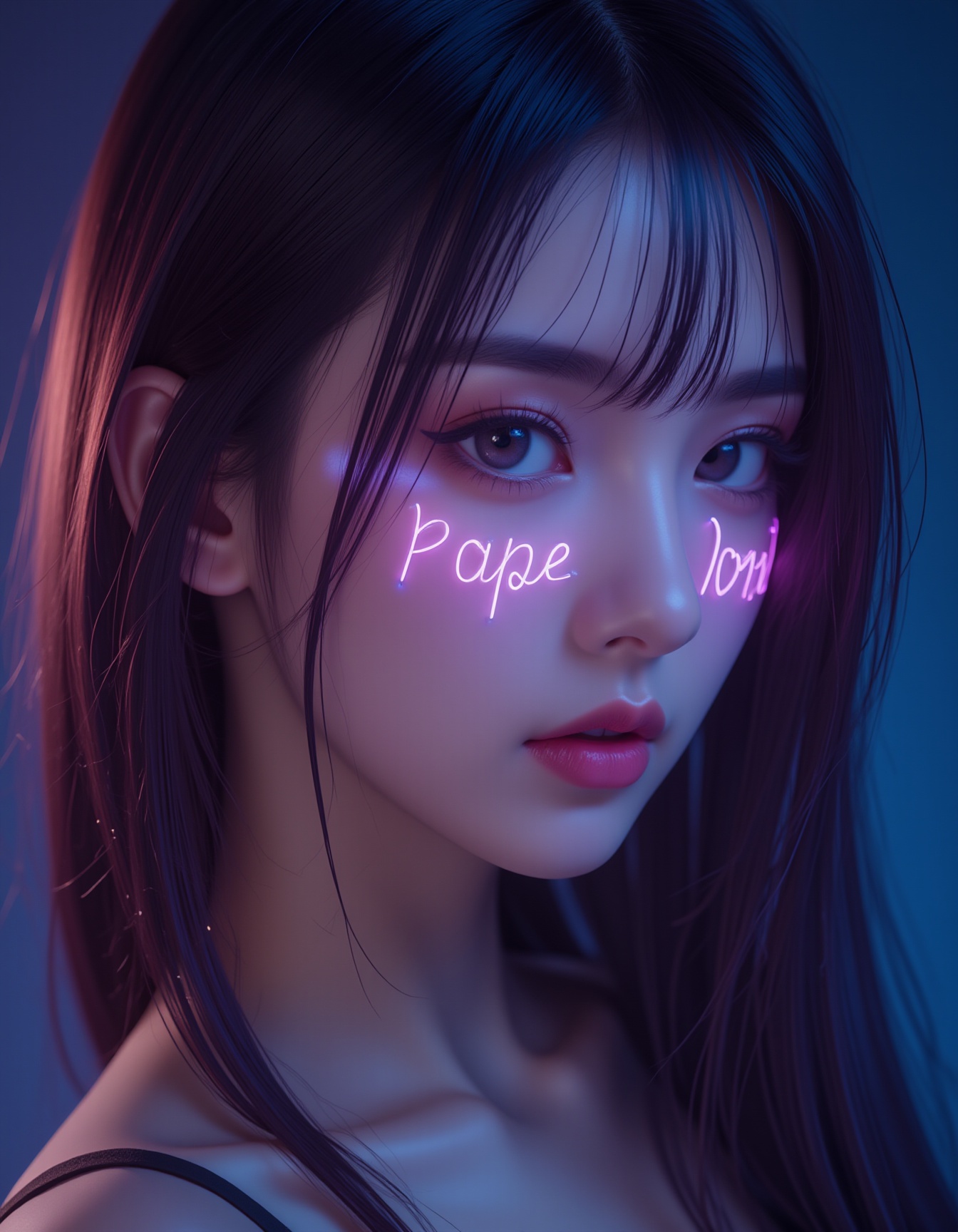 Trendy K Style,Holographic projection of text on the face,neon lighting, highly detailed, ultra-high resolutions, 32K UHD, best quality, masterpiece,