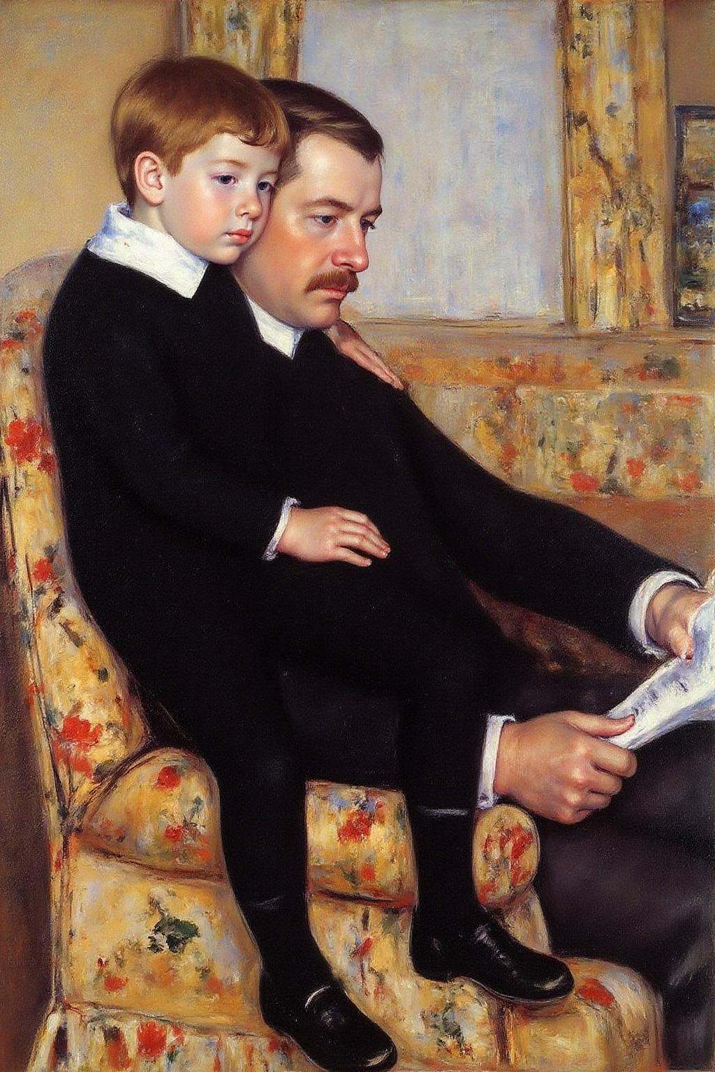 marycassatt1 painting.A tender moment between a father and a young boy,  both seated in a cozy,  intimate setting. The fat...