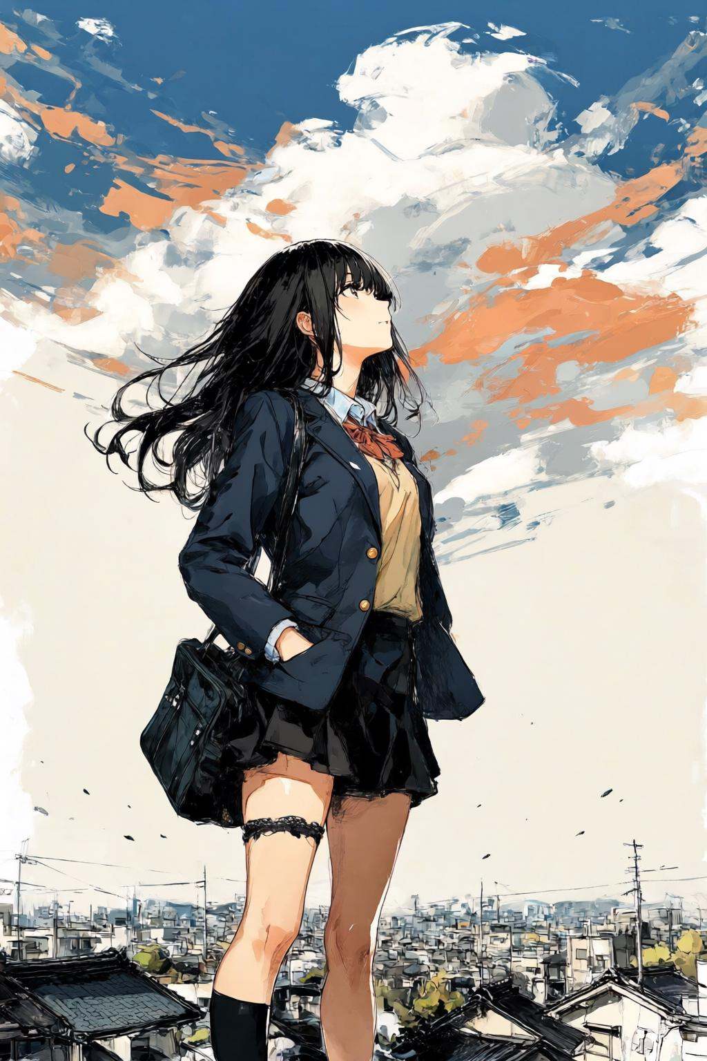 nijiwatercolor1q anime illustration. A low-angle view of a high school girl with long,  flowing black hair,  standing conf...